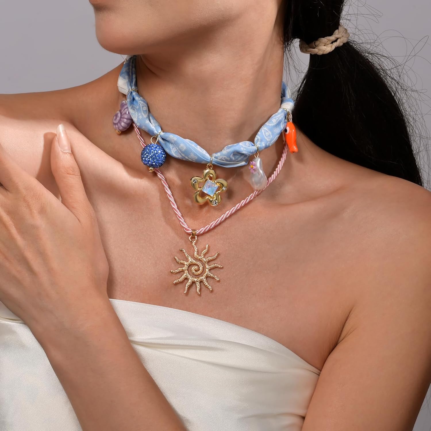 2Pcs Scarf Necklace with Charm Fish Conch Flower Pendants Charm Layered Necklaces Scarf Boho Summer Beach Jewelry Gift for Women - Image 2