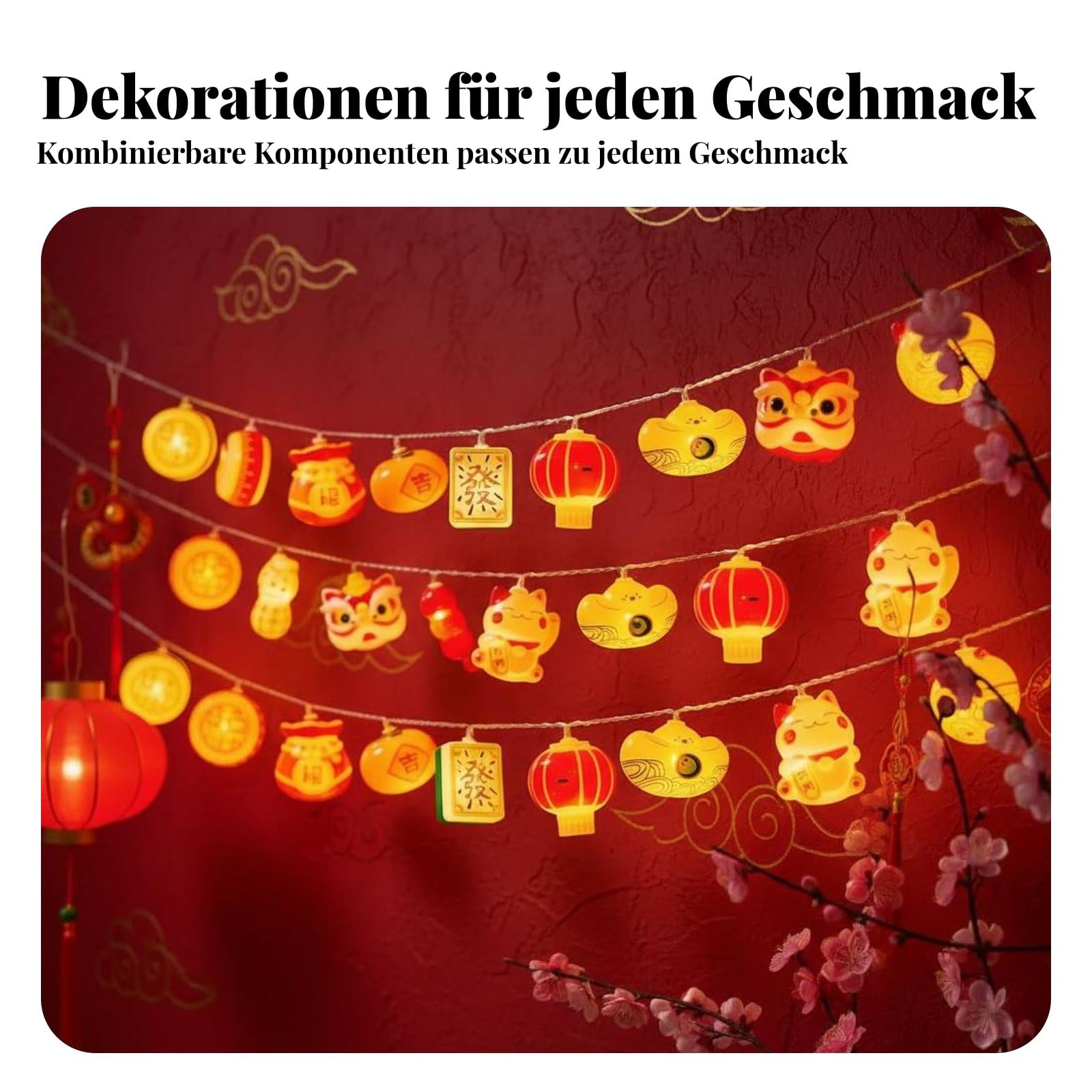 rockible Chinesisches Neujahr Balkon, Jahr der Schlange, Fu-Zeichen, Mix-Design, 10 Meter, B-Modell 6 Elemente Gemischt, USB-Betrieben
