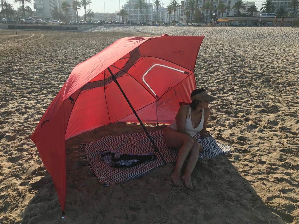 Sombrilla Playa Grande 240 cm Antiviento – Refugio 3 en 1 con Paredes, Ventanas y Bolsillos | Protección UV50+ 97%, Impermeable, 8 Piquetas y 4 Tensores, Bolsa (Rojo)