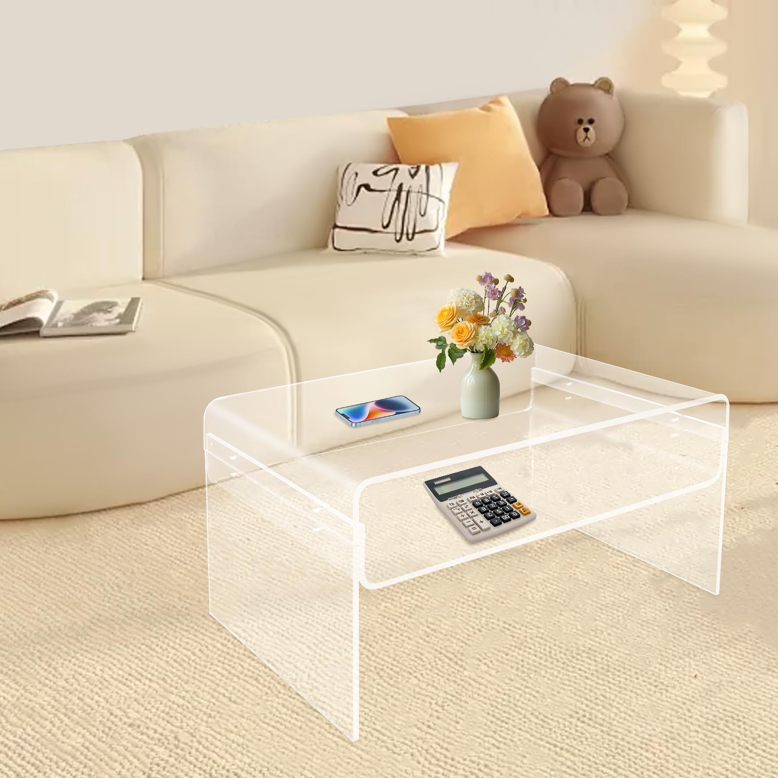 Acryl Beistelltisch Couchtisch Coffee Table Wohnzimmertisch, Moderner Transparenter Wohnzimmer Tisch Tragkraft 60 kg, für Kaffee, Bücher, Snacks und Tassen, 88 x 58 x 18 cm