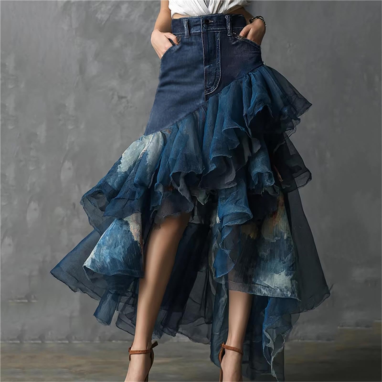 Gonna Lunga da Donna con Volant Patchwork in Denim a Vita Alta
