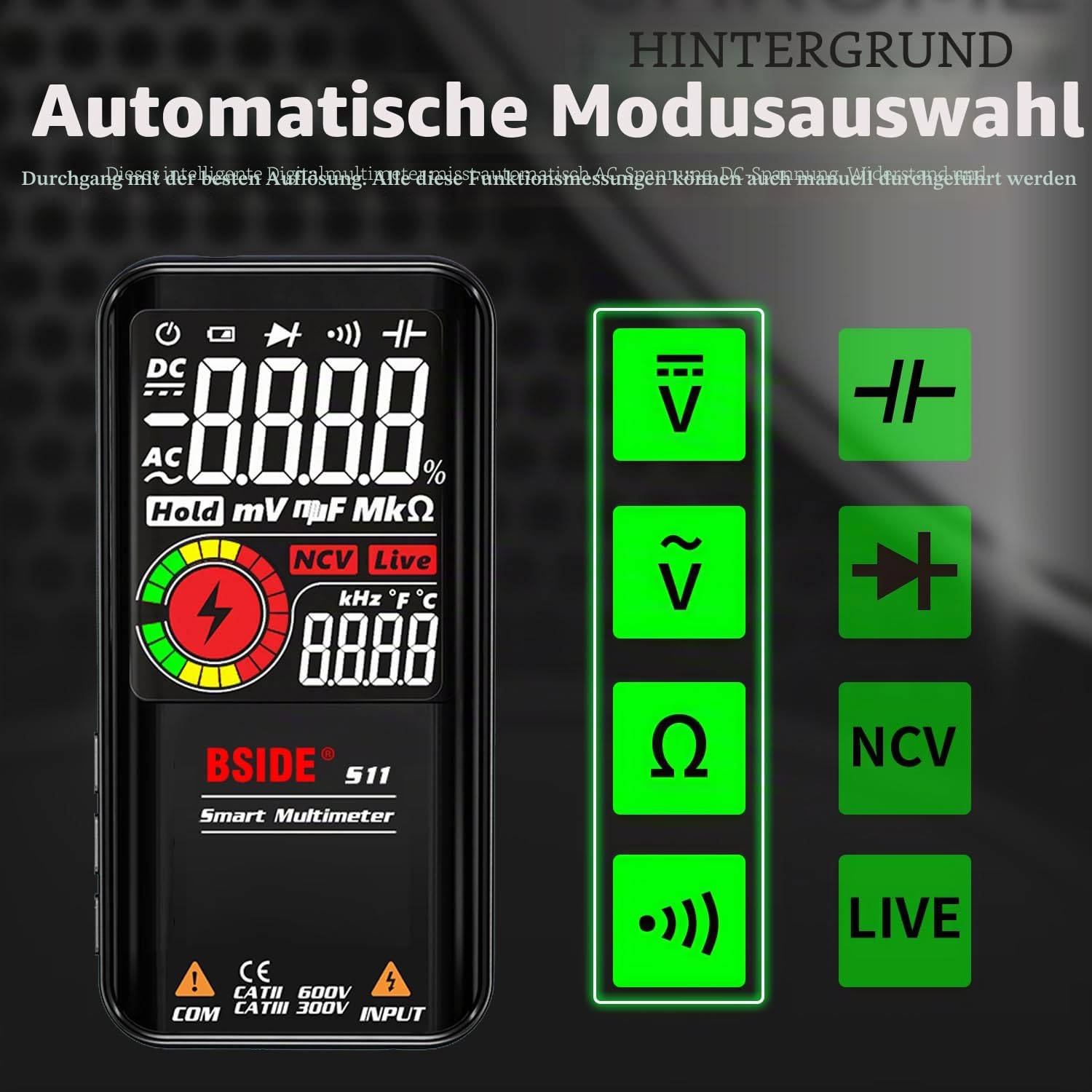 BSIDE Digitales Multimeter, Farb-LCD-Display mit 3 Ergebnissen, 999 Counts, Voltmeter, wiederaufladbar mit Smart-Modus, Kapazität Ohm, Hz, Diode, Einschaltdauer, Live-Check, Spannungsprüfer, Schwarz