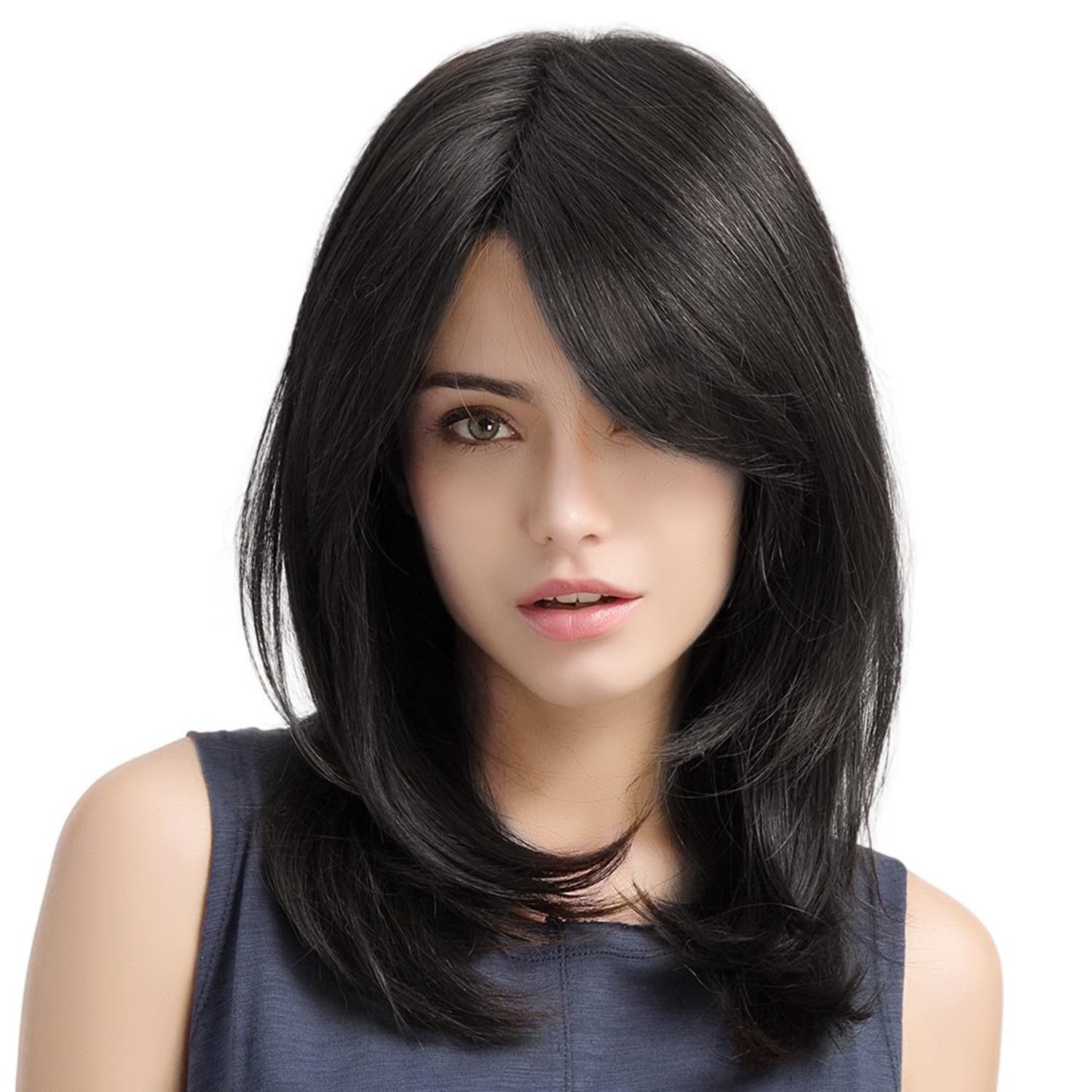 Natural Black Wig with Bangs Straight Layered Heat Resistant Shoulder Length Black Bob Wigs with Bangs Shoulder Length Straight Natural  main image 3