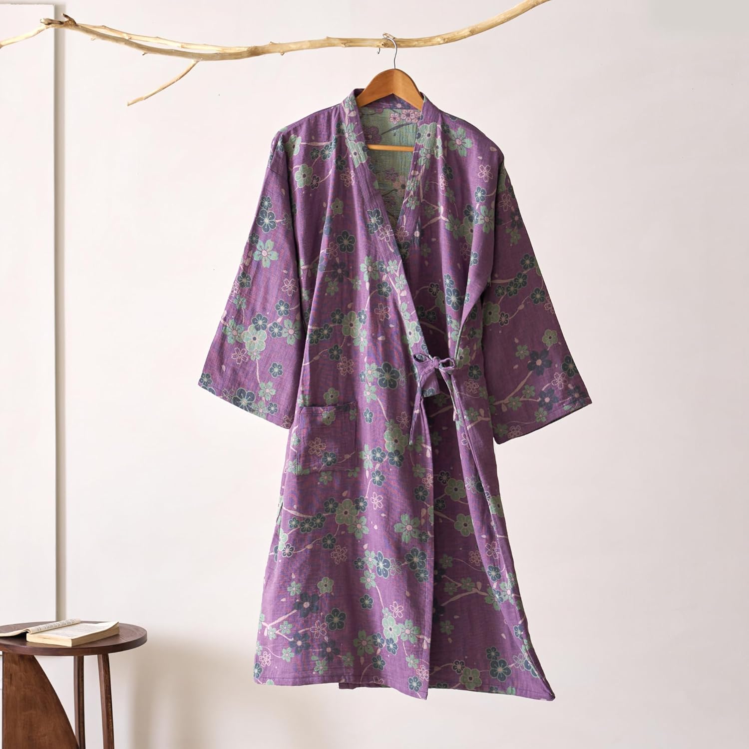 Cotton Gauze Robe for Women, Jacquard Plum Blossom Bathrobe Japanese Kimono Soft Knit Nightdress Longwear Sleepwear - Image 2