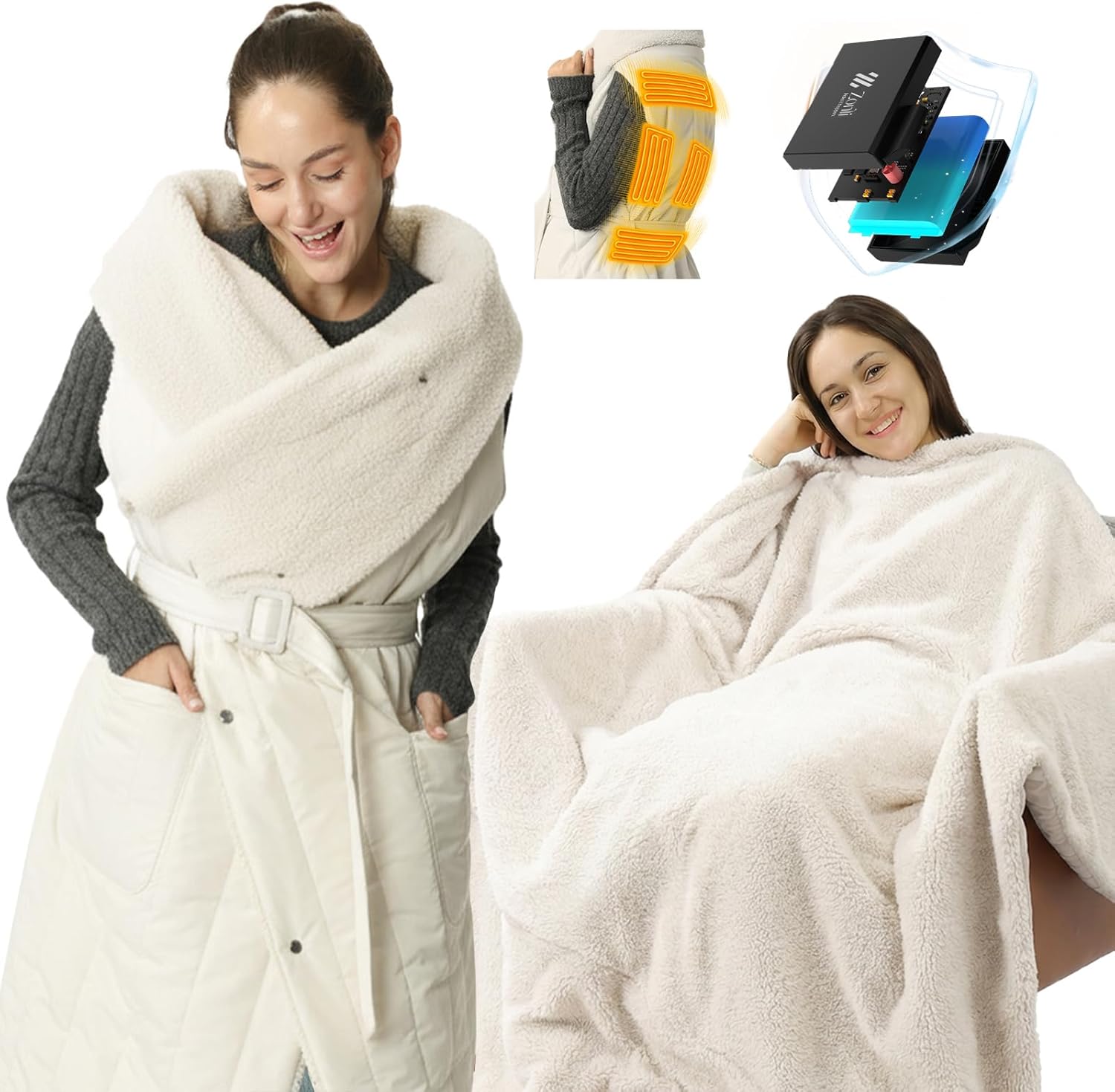 ZonLi Electric Wearable Heated Blanket, 2-in-1 Design Portable Cordless Heated Blankets Battery Operated Heated Shawl Blanket, Rechargeable Power Bank for Home, Office, Travel, Gift for Christmas