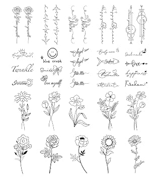 20 Sheets Tiny Temporary Tattoos - 10 Pcs Inspirational Words Letters Fake Tattoo, 10 Pcs Wild Flower Floral Bouquet Tattoo Stickers for Adult Women Face Body Hand Arm Neck