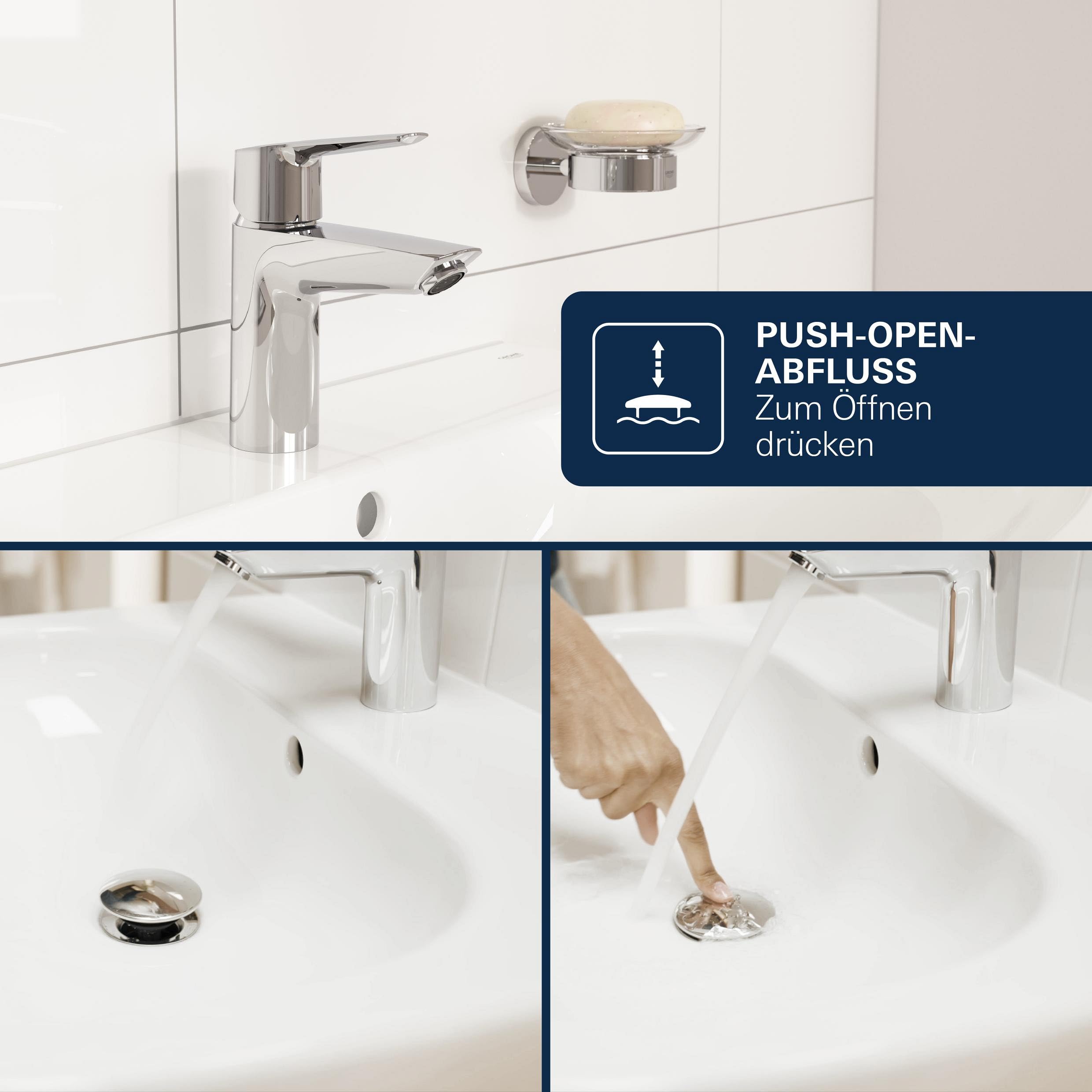 GROHE Dice, energiesparende Waschtischarmatur, Kaltwasser in Mittelstellung (Wasserhahn für das Bad, 17cm hoch, mit Push-Open Ablauf, inkl. 3in1 Werkzeug, einfache Installation), chrom, 1018360000
