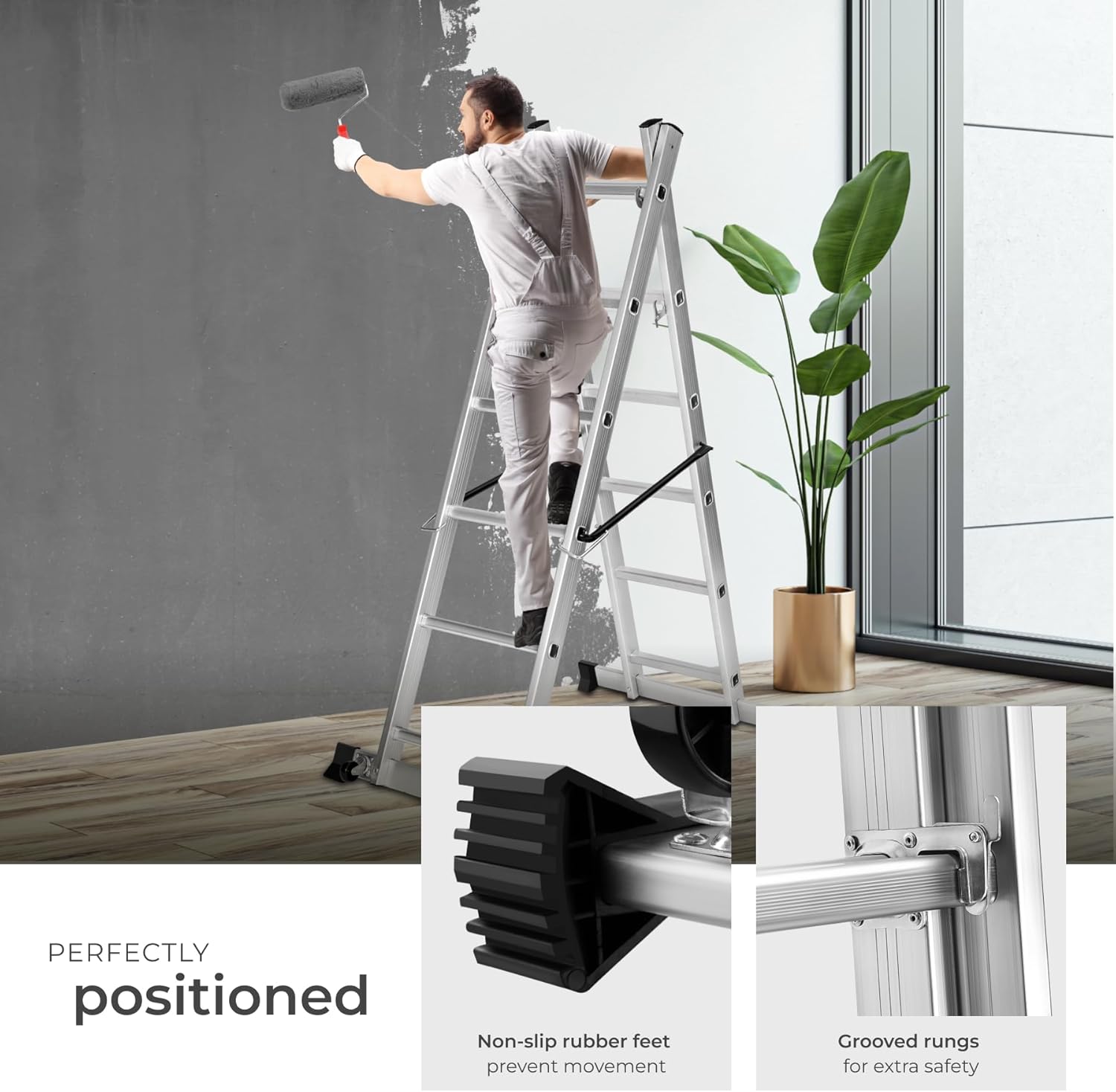 A person painting while standing on the step ladder configuration. Insets show close-ups of non-slip rubber feet and grooved rungs for safety.