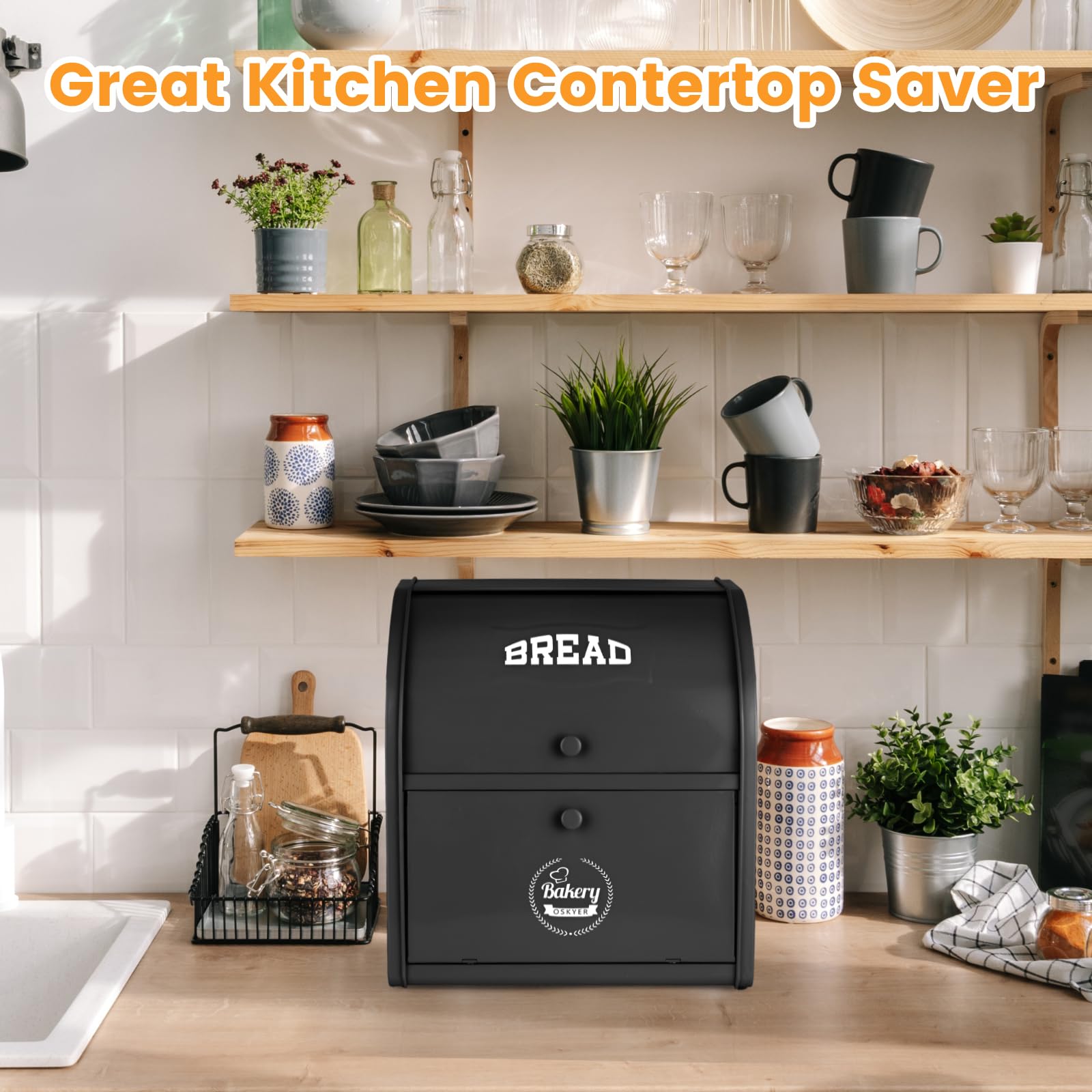 Panera de metal para encimera de cocina, contenedor de almacenamiento de pan de doble capa, contenedor de almacenamiento de alimentos para encimera de cocina en el hogar, color negro
