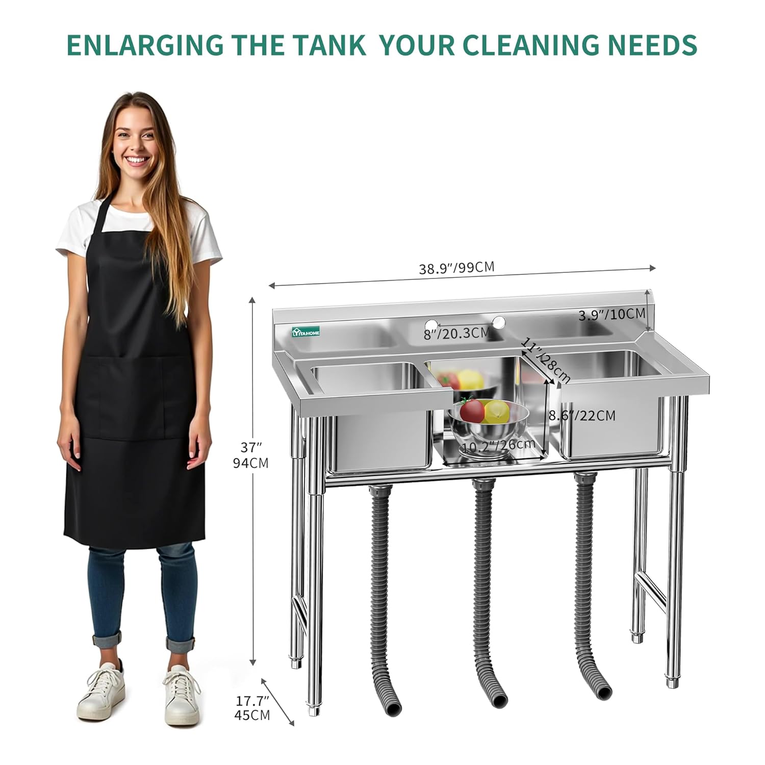 YITAHOME Utility Sink 3 Compartment Stainless Steel Freestanding Bar Sink NSF Commercial Sink for Restaurant, Laundry, Garage, Workshop Sink with Legs, Outdoor (39"x18"x37")