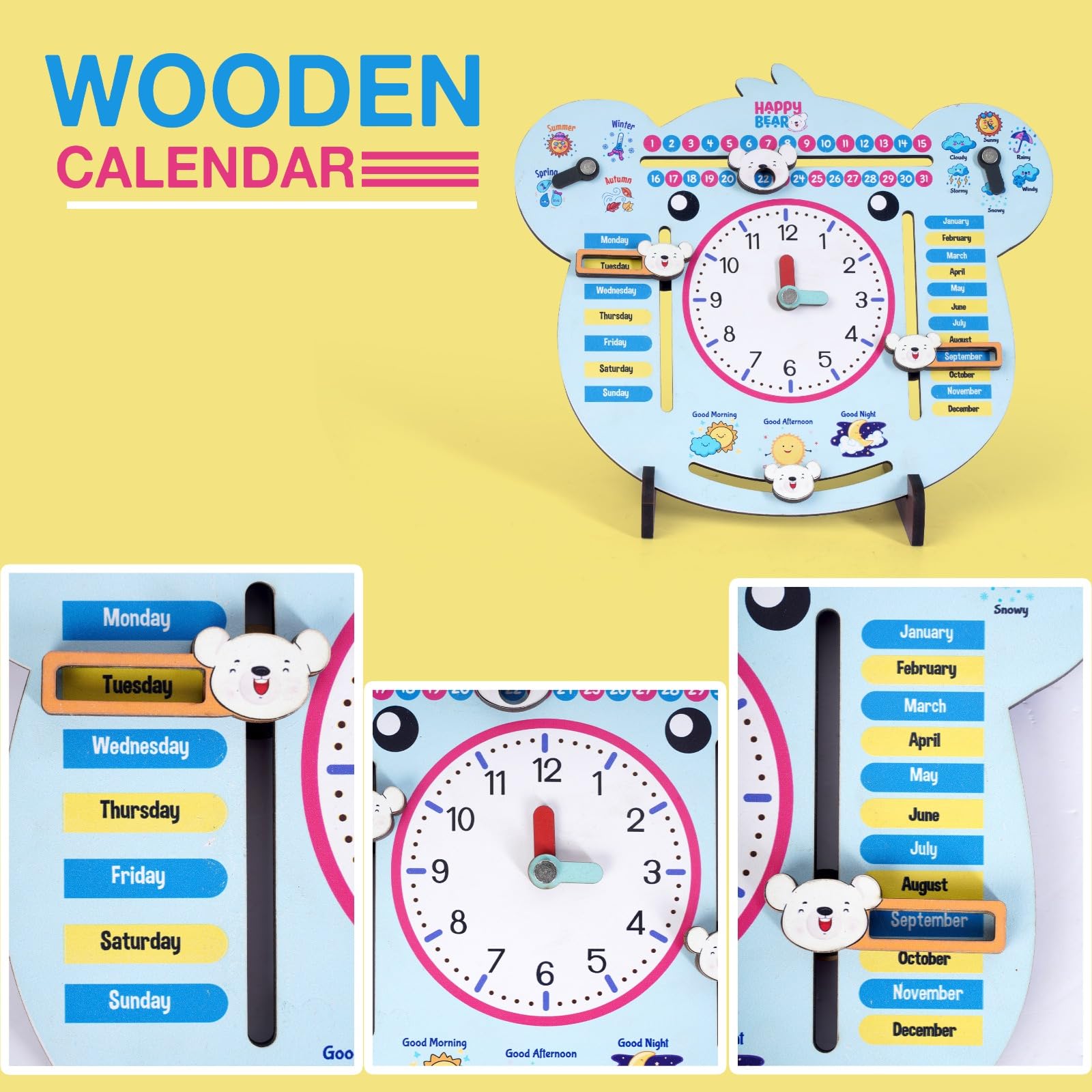 Happy Bear 7in1 Multifunctional Wooden Calendar Clock for Kids Educational Learning Clock Toy for Toddlers Boys and Girls Preschool Learning Tool Kids Teaching Clocks for 3+ Years(Multicolor) - Image 7 thumbnail
