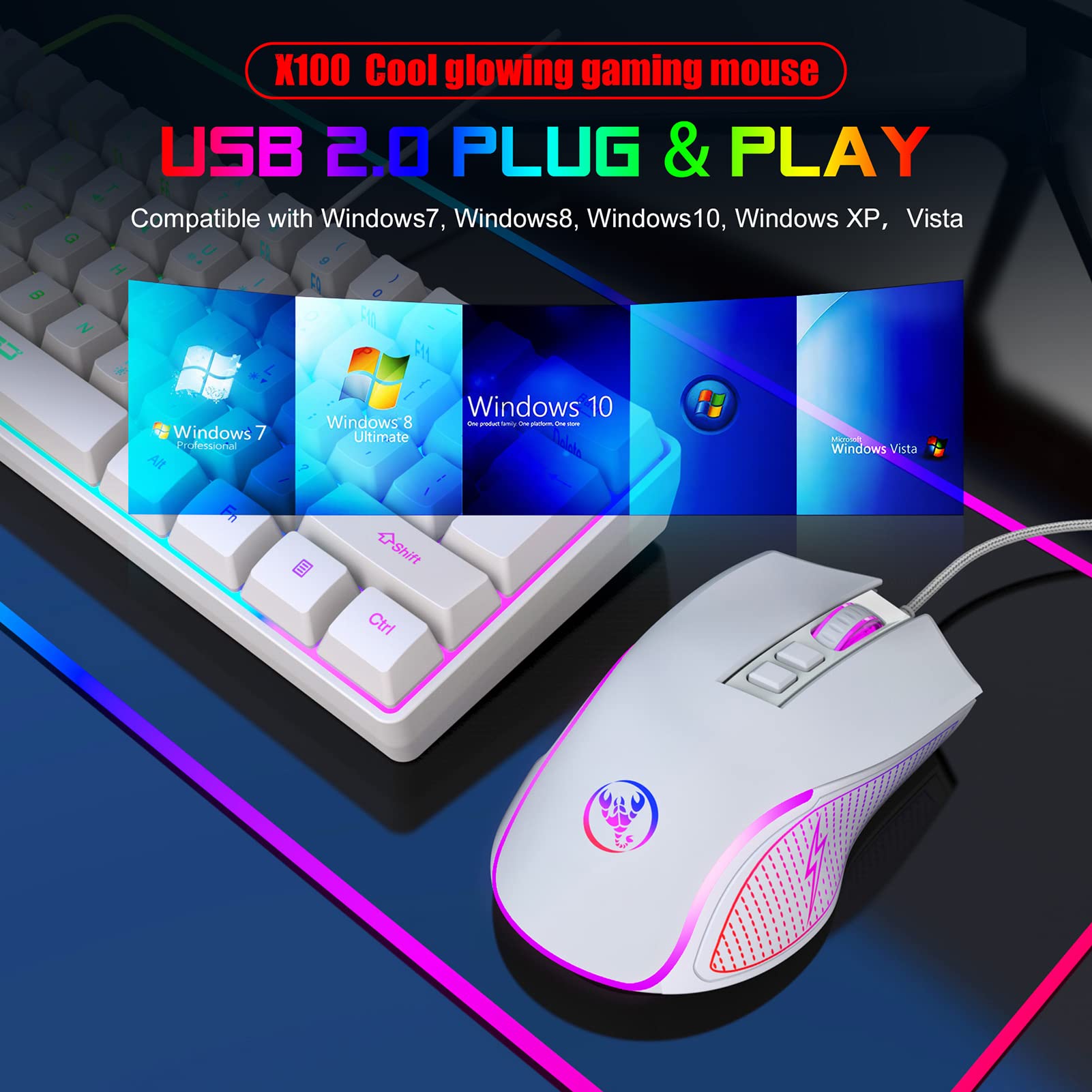 V700BW+X100 Kit tastiera e mouse per computer USB con retroilluminazione RGB cablata a 61 tasti + mouse da gioco cablato Illuminazione a LED colorata DPI a 4 livelli max.3600 DPI per PC portati