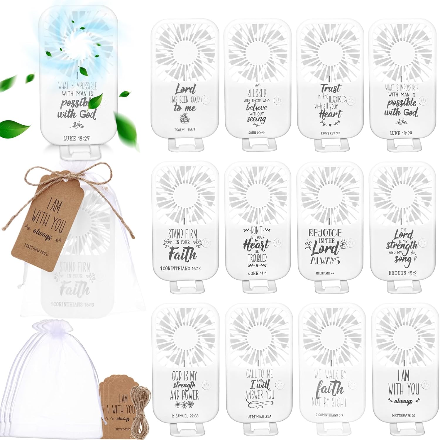 Leinuosen 12 Set Summer Church Gifts Bulk Religious Mini Powerful Handheld Fan Father's Day Gifts Christian Bible 3 Speed USB Portable Rechargeable Pocket Travel Inspiring Verse Fan Women Men Office