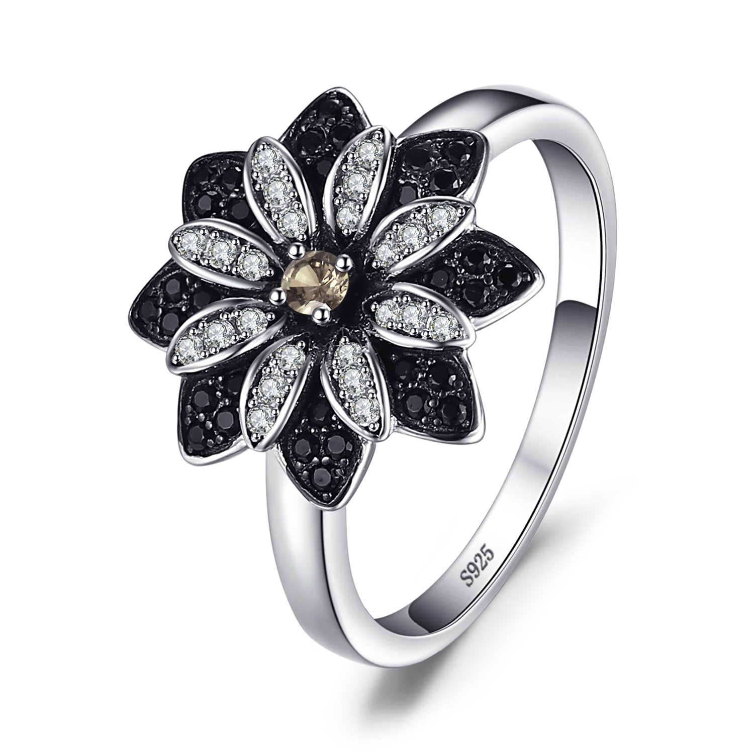 JewelryPalace Girasol Anillo Plata Mujer de Flor Margarita, Anillo Promesa con Espinela Negra Cuarzo Ahumado Natural, Anillos Niña Plata de Ley 925 con Piedra Preciosa, Conjunto Joyas Mujer