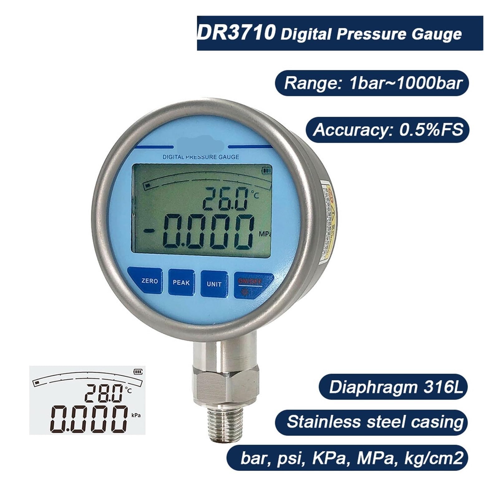 Manómetro hidráulico digital, con de presión de diafragma de temperatura Manómetro de agua de acero inoxidable LCD G1/2(0-250KPa)