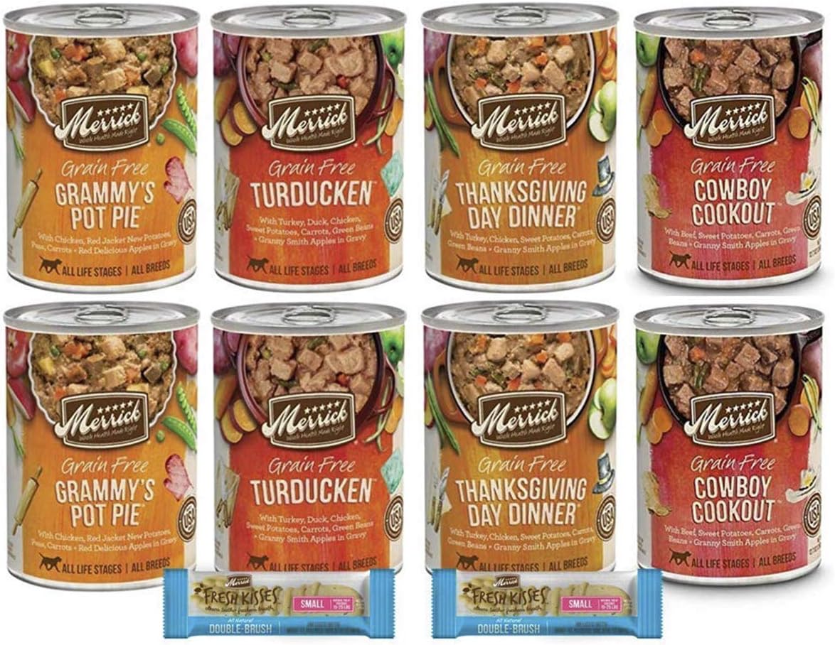 Merrick Grain Free Dog Food-Variety Bundle - 8 Wet Canned Real Deboned Meat 4 Flavors For All Breeds 1 Pet Food Lid 2 Dental Care Breath…