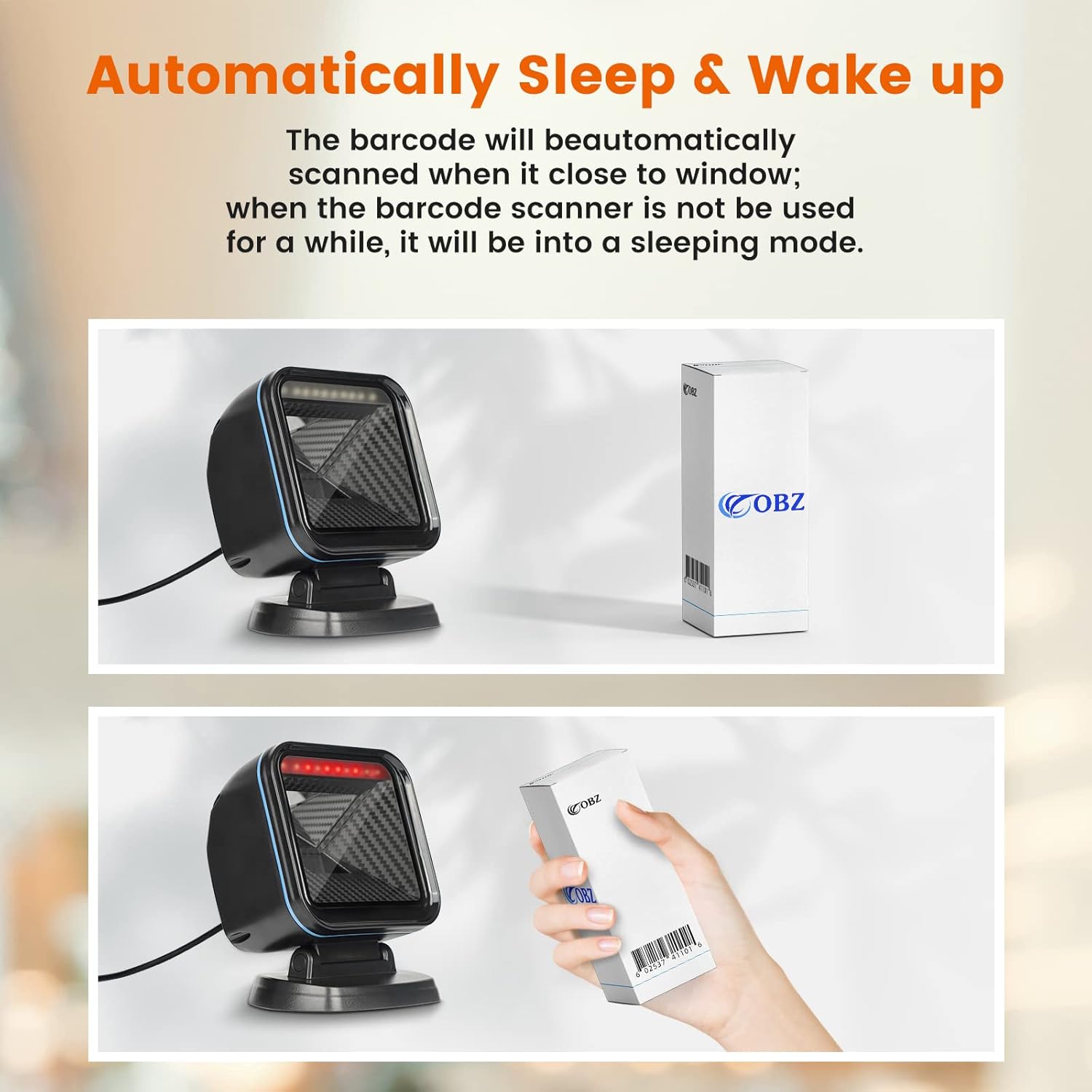 OBZ Barcode Scanner in sleep mode and then waking up to scan a barcode on a box.