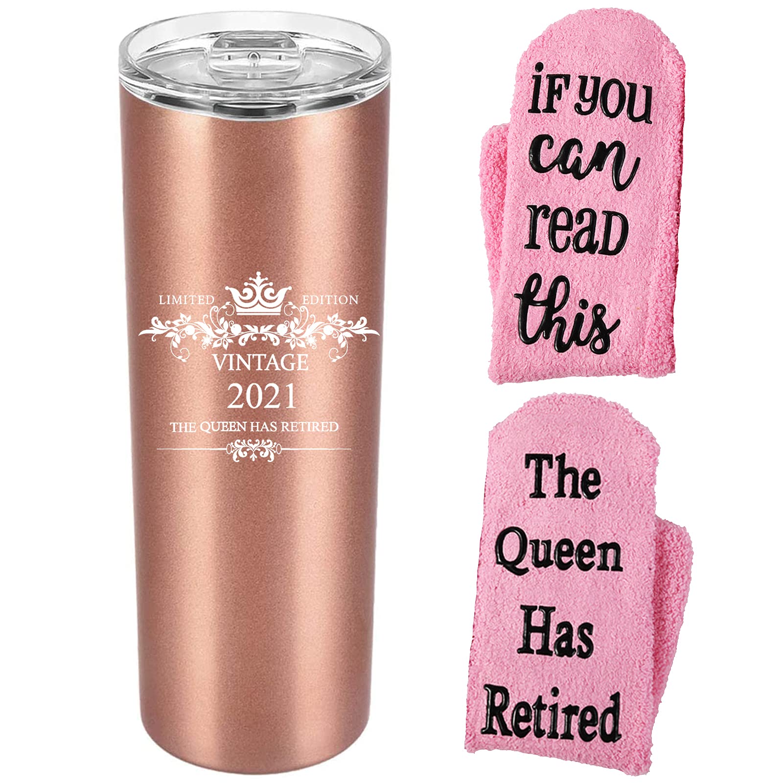 2021 The Queen Has Retired", Edelstahl, schmal, Vakuumisoliert, mit lustigen Socken, Ruhestand, Geschenk-Set für Damen