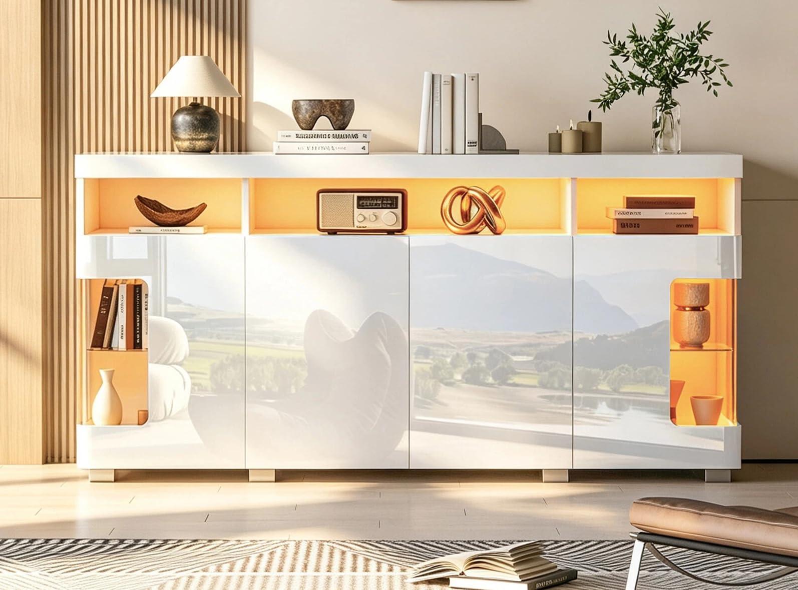 Sideboard Weiß Hochglanz, Sideboard Wohnzimmer mit Fernbedienbarem Licht, Kommode mit Softclose Scharnieren, Wohnzimmerschrank Kippschutz für Flur, Esszimmer, 140x40x70cm