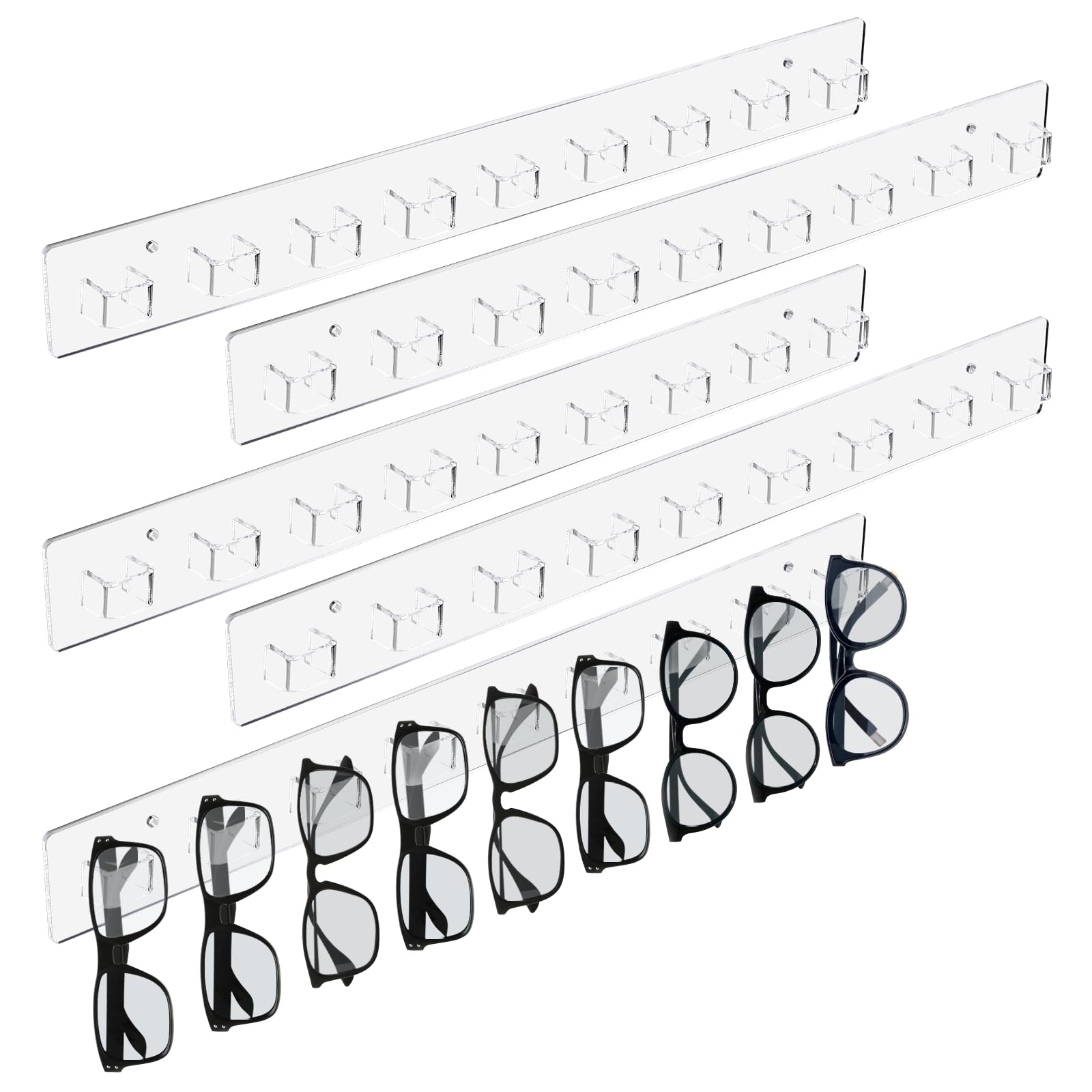 MOJIEZUO 5 Pack Clear Acrylic Sunglasses Organizer Wall Mounted Glasses Holder Organizer Stick-On Eyewear Display Rack Eyeglasses Hanging Stand for Front Door Entryway Living Room