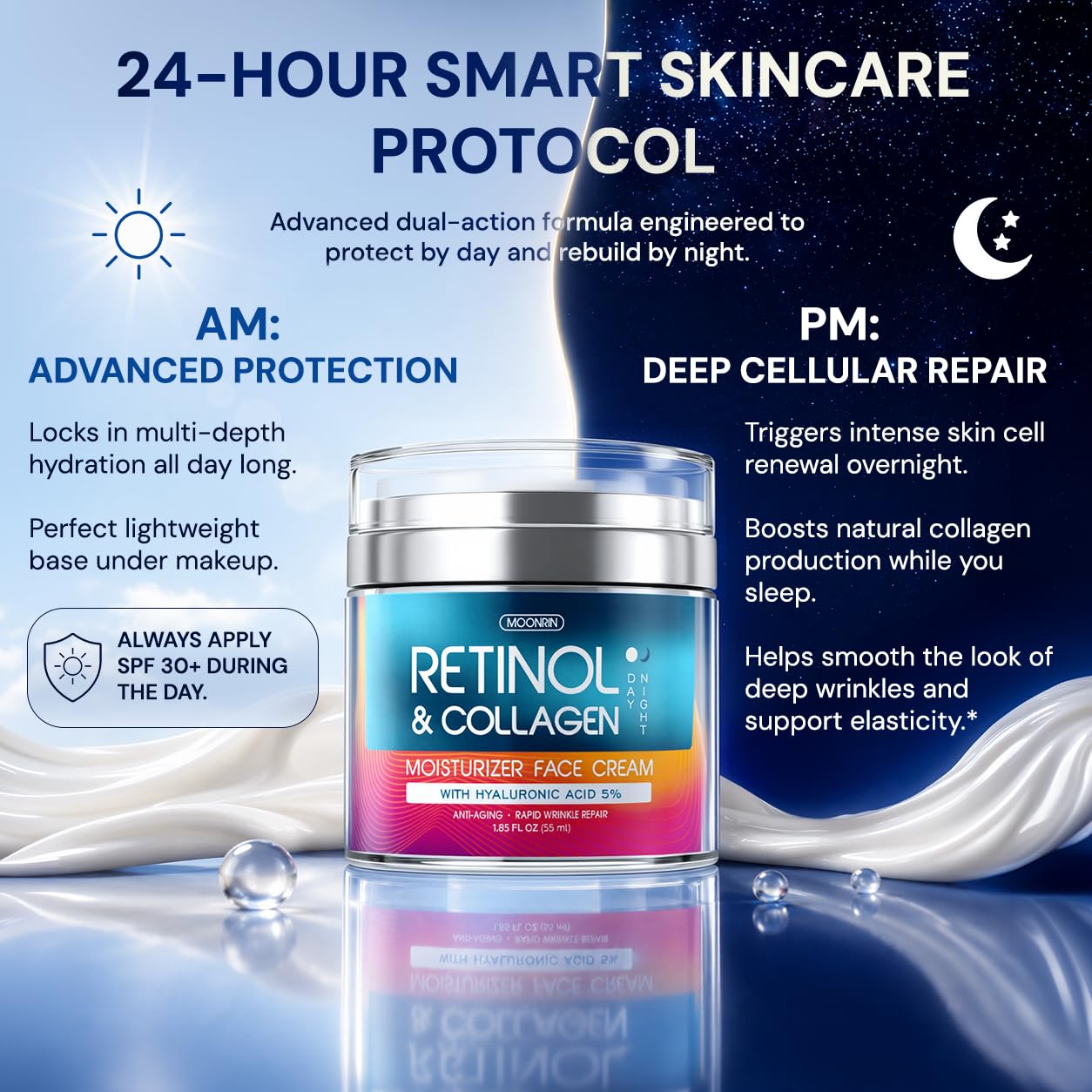 Crema de retinol para la cara con ácido hialurónico, hidratante facial de colágeno para mujeres y hombres, fórmula antienvejecimiento avanzada para levantar la piel, reduce las arrugas, las líneas