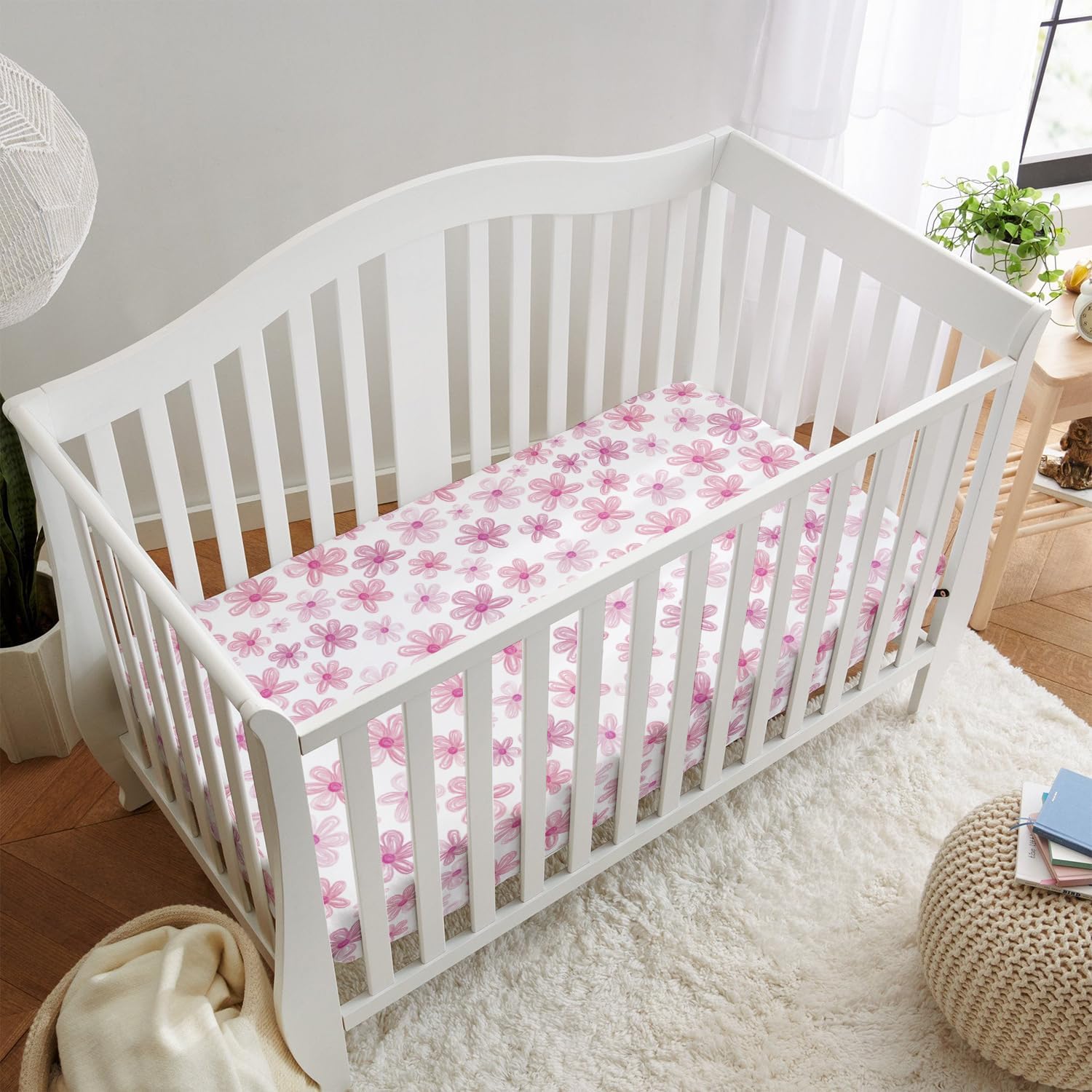 Horaldaily 2 Pack Fitted Crib Sheet for Boys Girls,Soft Breathable Washable Jersey Microfiber Baby Crib Sheet, Fits Standard Size Crib Mattress 28in x 52in, Cute Floral Nursery Sheet Pink/White