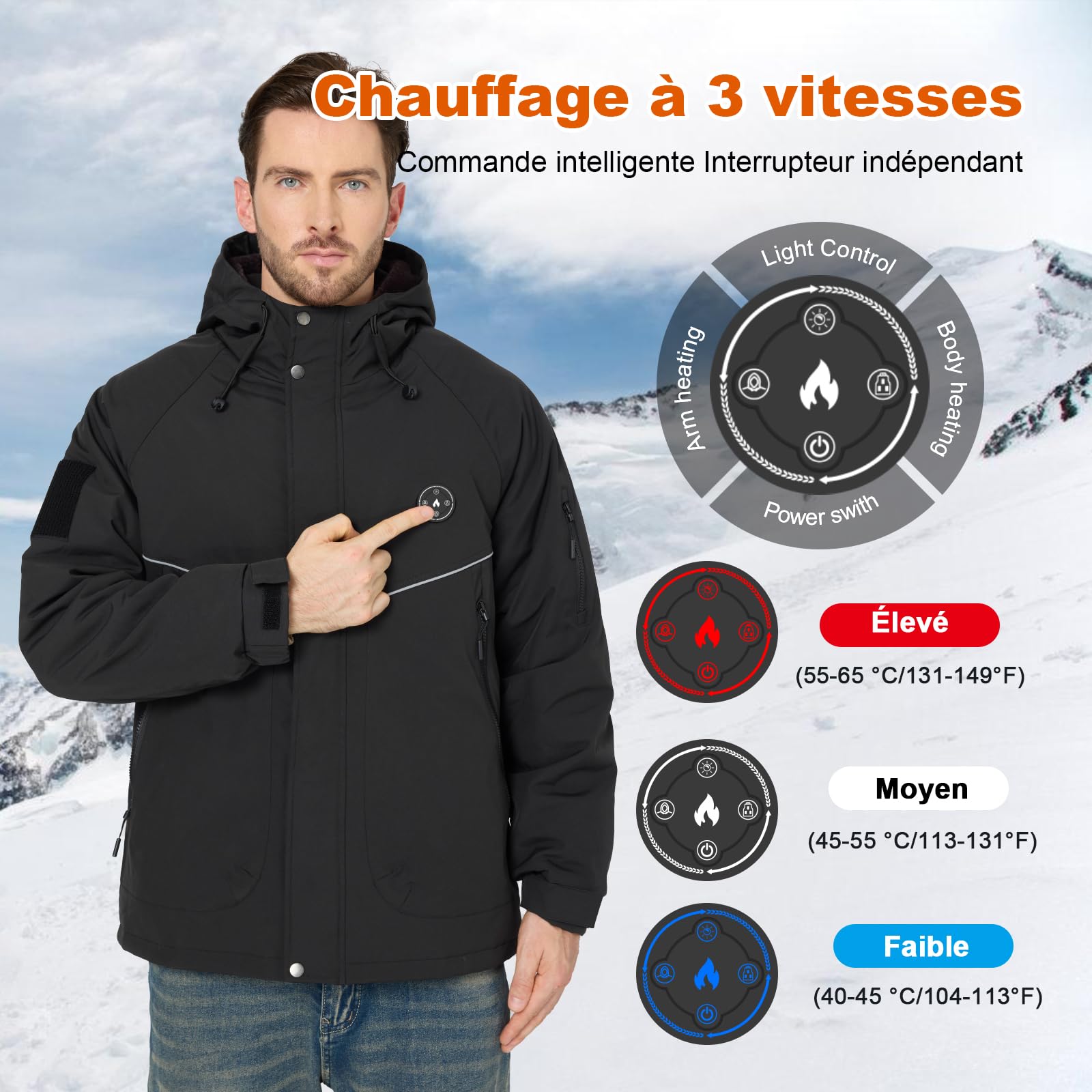Veste Chauffante Homme avec Doublure Polaire, Blouson Chauffant avec Batterie 20000mAh 7.4V, 6 Zones de Chauffage & 3 Niveaux de Température, Veste D'hiver Imperméable Coupe-vent pour Ski