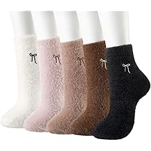 5双女士模糊袜子蝴蝶结模糊毛绒睡眠舒适冬季柔软蓬松袜子礼物送给女人的礼物