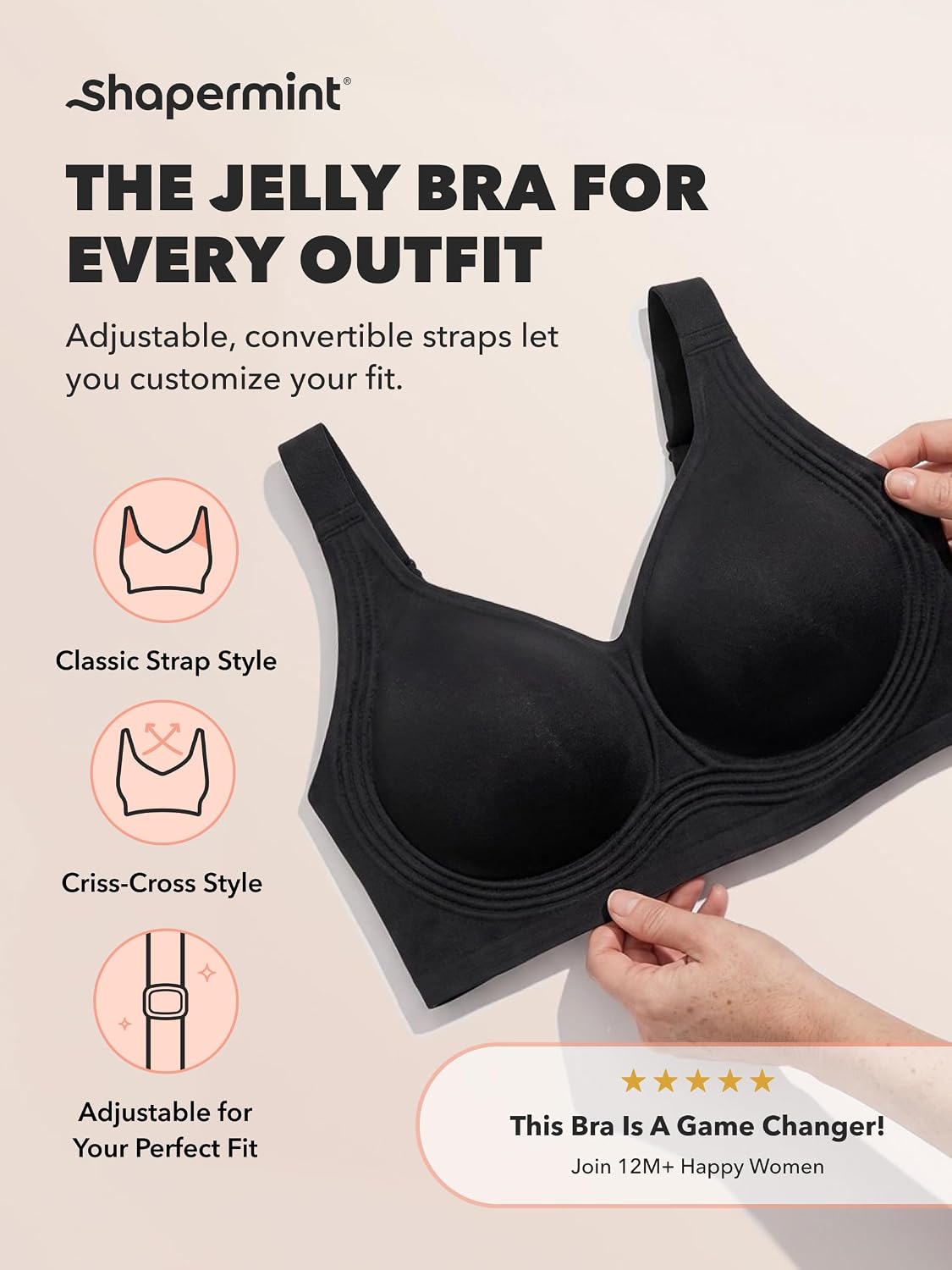 SHAPERMINT Everyday Wireless Jelly Bra, Full Coverage, S-4XL | Soft jelly strips provide wire-free lift and smoothing; full-coverage cups support a secure fit up to G cup.