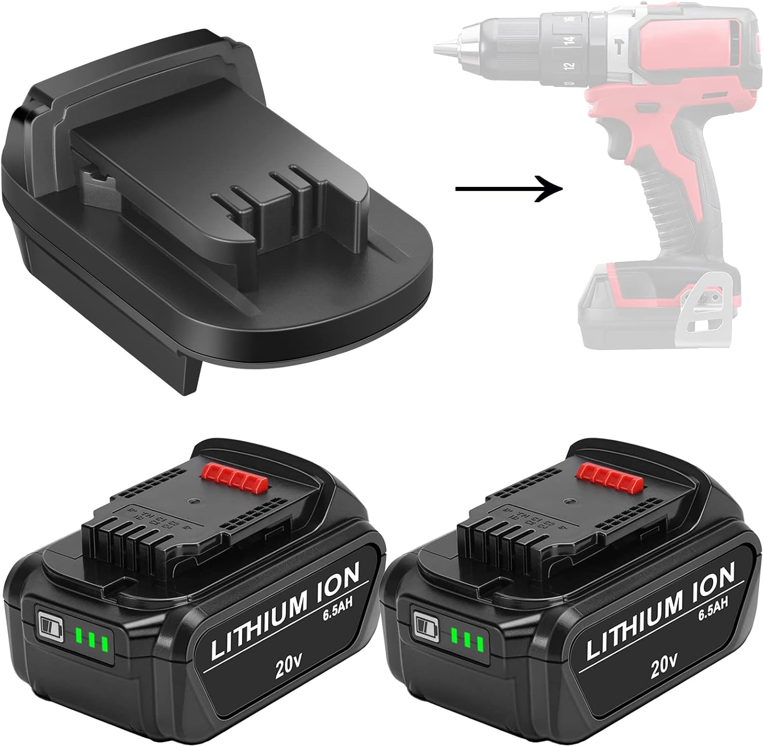 JYJZPB 2 Pack 6.5Ah Battery Compatible for Dewalt 20V Tools and 1 Pack DL18ML Adapter Compatible for Dewalt 20V Battery, Convert DeWalt 20v Battery to Milwaukee M18 Battery