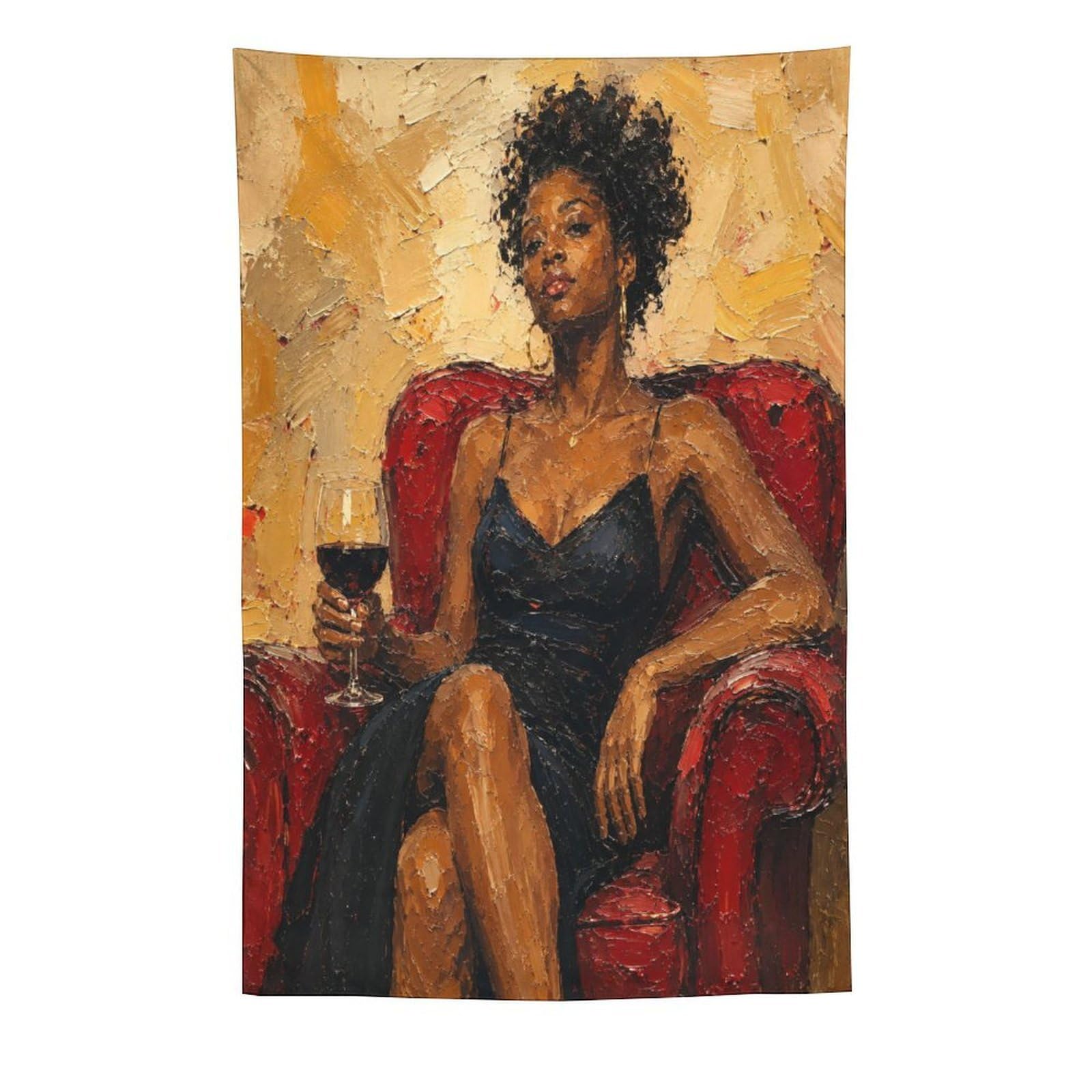 W7C8U2X3 Black Woman with Wine Wall Tapestry, Oil Painting, Reading Corner