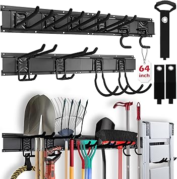SEDY 64" Heavy Duty Garage Storage Tool Organizer Wall Mount - Tool Rack with Adjustable Hooks, Anti-Rust, 300lbs Capacity - Easy Installation 4 Racks, 10 Hooks, 3 Straps