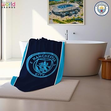 Character World Manchester City FC Official Cotton Towel, Soft Absorbent Beach and Bath Towel, 30 x 60 Inch, Quick Dry Towel for Gym Pool Travel and Fans
