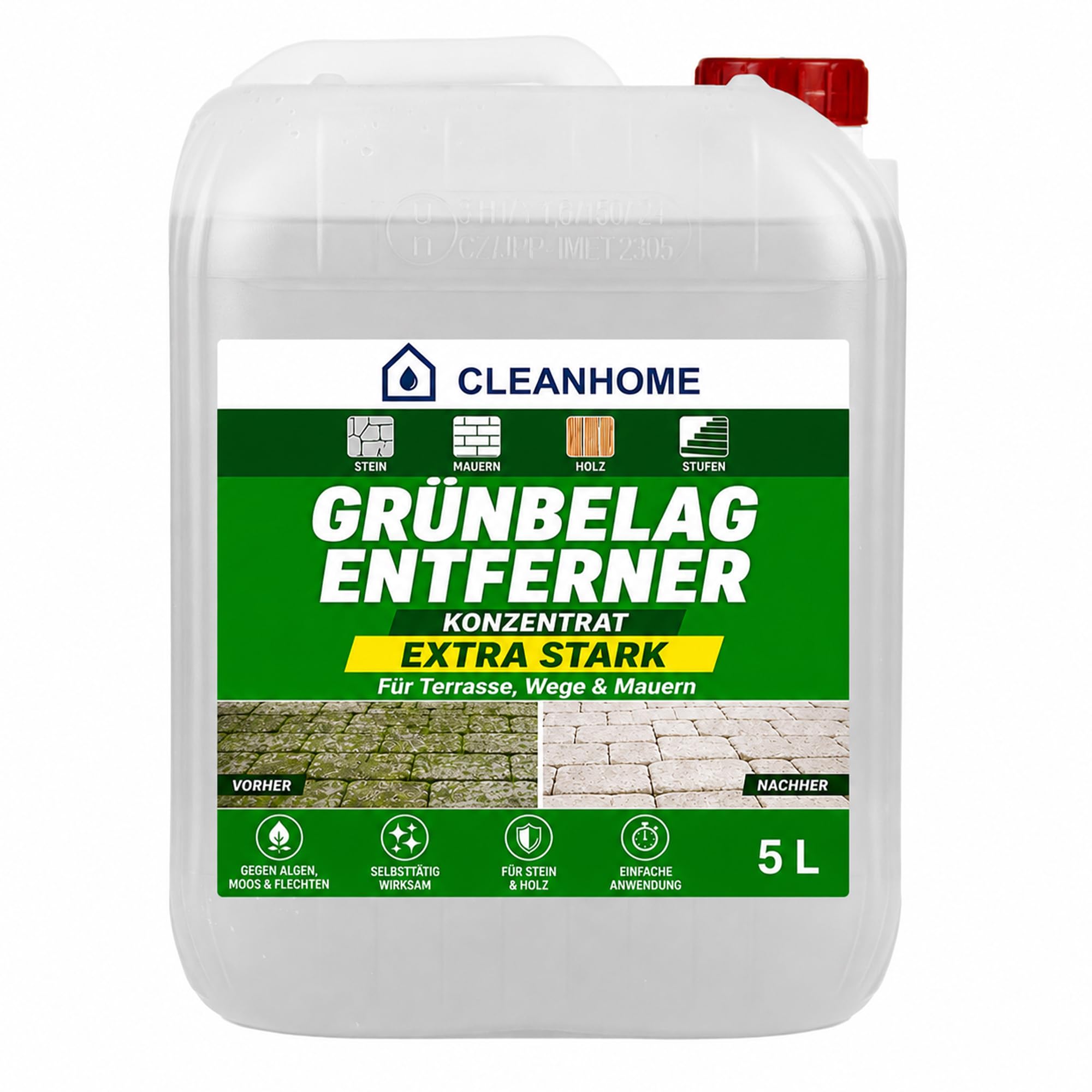 CLEANHOME Grünbelag Entferner Konzentrat 5 Liter – extra starker Grünbelagentferner gegen Algen, Moos & Flechten | selbsttätiger Steinreiniger außen für Terrasse, Wege, Mauern & Holz