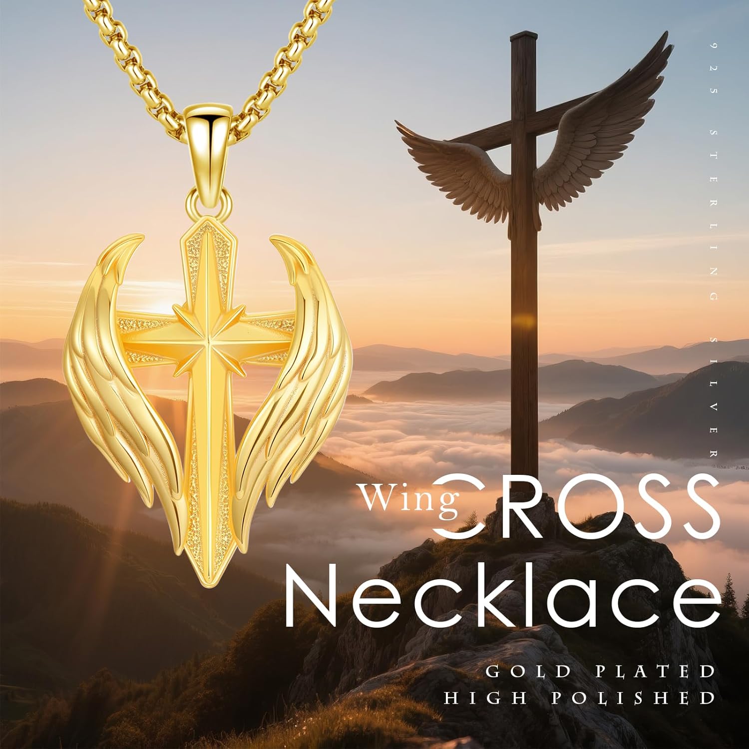 Cross Wings Necklace for Men Women S925 Sterling Silver Guardian Angel Wings Cross Pendant Necklaces Gifts for Men Angel's Wing Jewelry Birthday Gift 20+2 Inch Stainless Steel Chain - Image 5