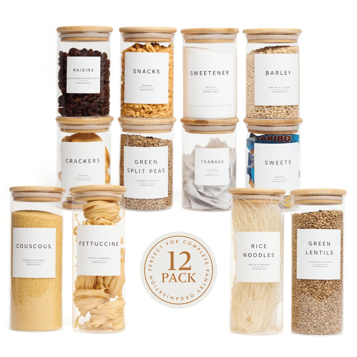 Livabl Glass Storage Containers with Lids- Set of 12 (8 x 600ml & 4 x 1000ml) Glass Jars with Lids Bamboo & 420 Pre-Printed Pantry Labels โ Kitchen Storage Rice Containers for Organising Pantry