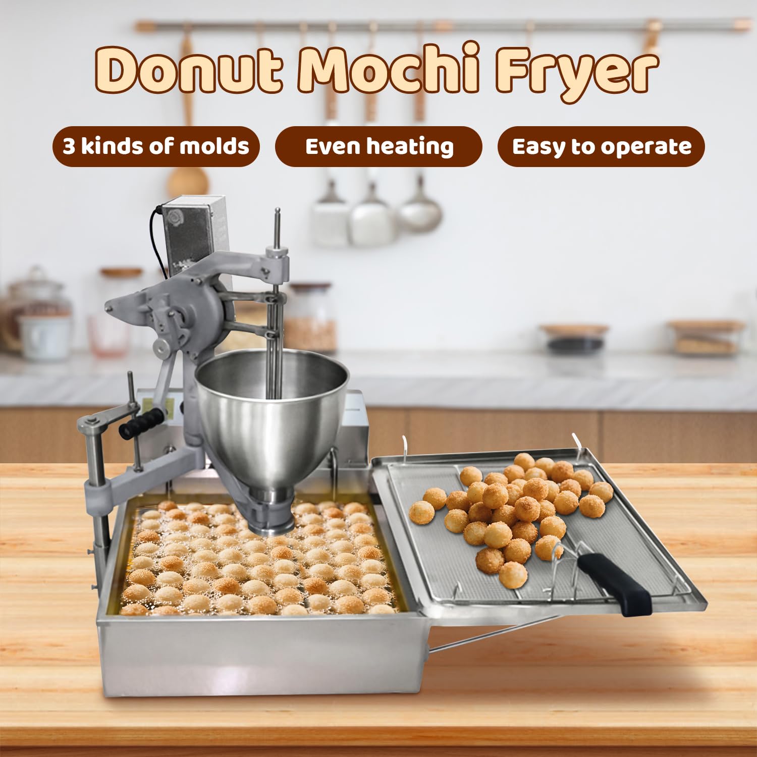Commercial Semi-Auto Mochi Donut Maker Machine, 3000W Fryer, 9L Hopper & Adjustable Molds for Mochi/Ring/Ball Shapes, High-Capacity Bakery/Food Cart Use