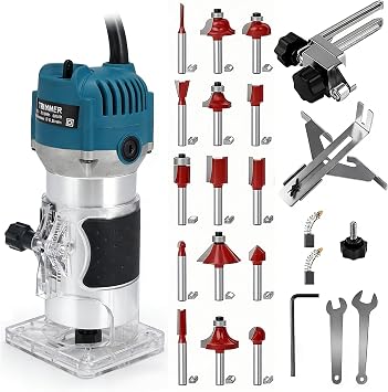 110V Router Tool, 800W Wood Trim Router, 30000RPM Electric Hand Trimmer, Palm Router with 15x 1/4 Router Bits & 2x Trim Guides for Woodworking Tools, Adjustable Base Height w/Scale