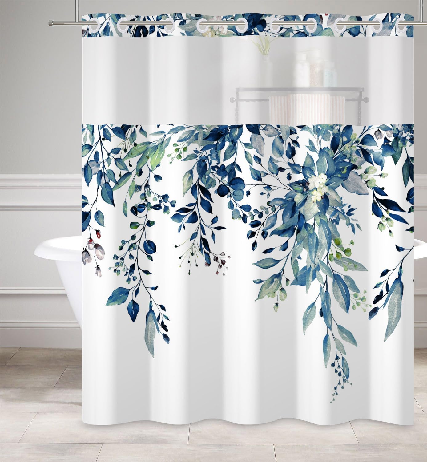 DASHAN No Hook Shower Curtain with Snap in Liner, Blue Leaf Shower Curtains for Bathroom, Plant Botanical Bathroom Curtain Teal Leaves Fabric Bath Curtains 71"x74"