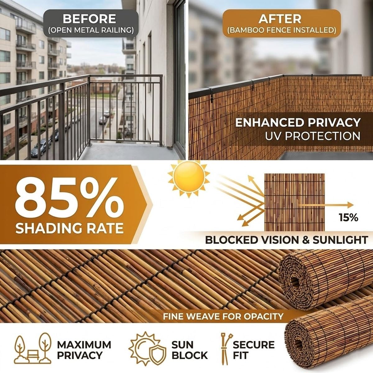 Arellas in Bambù Arrotolabile, Recinzione Frangivistas per Balcone e Giardino, Canniccio Ombreggiante per Privacy Esterno, Stuoia in Canna per Terrazza, Divisorio 30-200cm(Naturale,200x60cm)