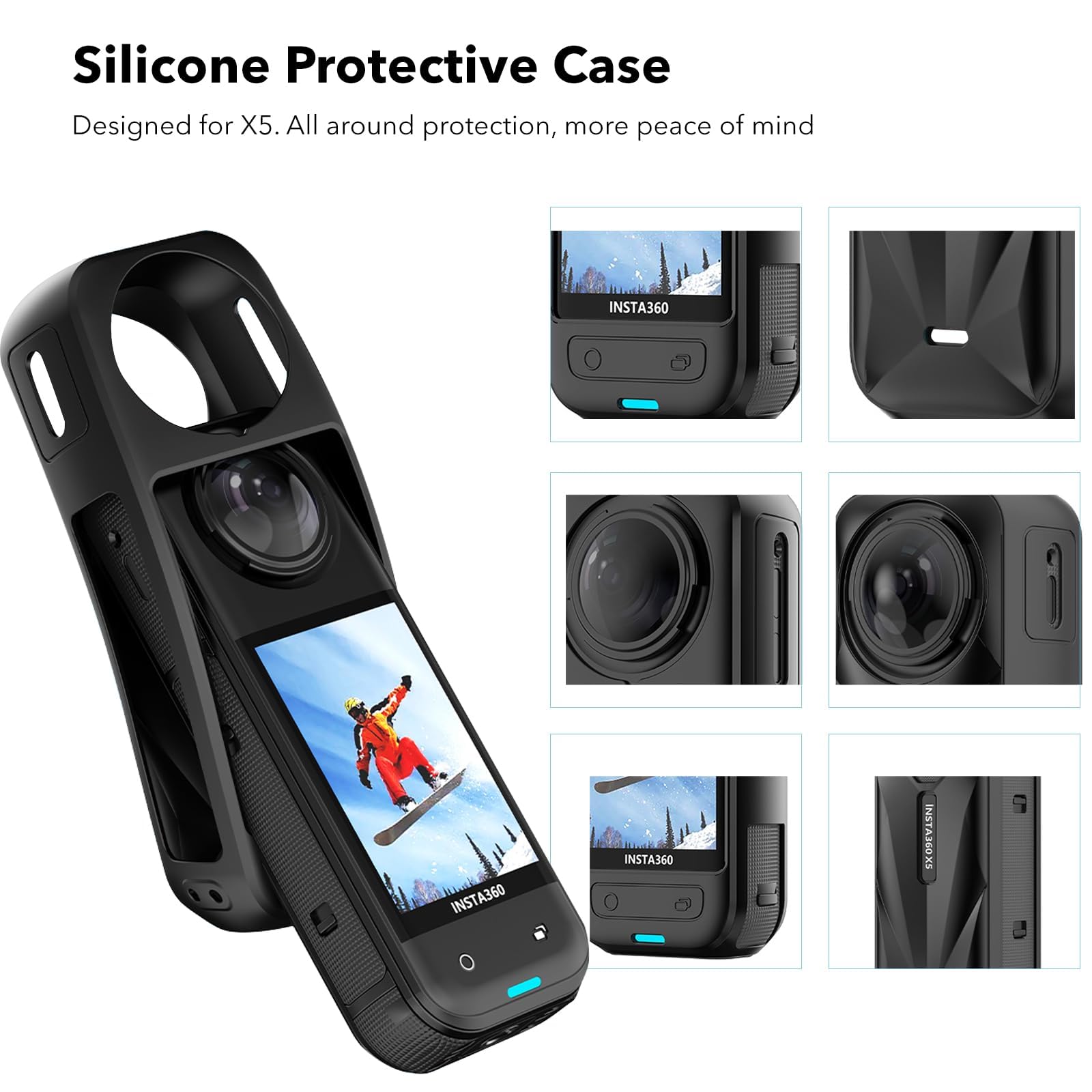 SYMIK Accessori essenziali per Insta360 X5, caricabatterie rapido, custodia da trasporto, confezione da 2 pellicole protettive, custodia in silicone e copriobiettivo