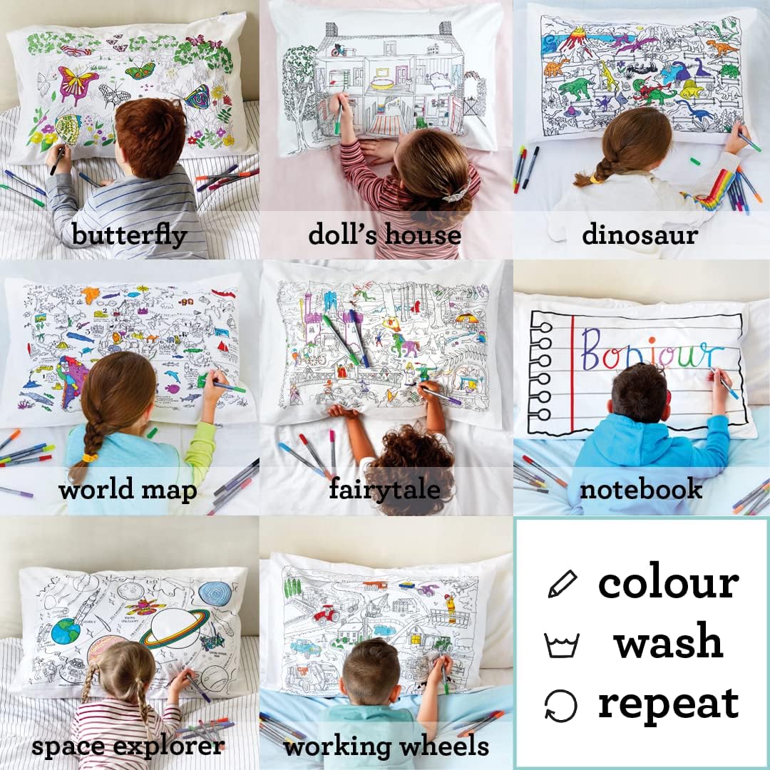 Coloring Pillowcase for Kids – Reusable DIY Pillow Cover with Washable Markers, Educational Arts & Crafts Activity for Boys & Girls, Fun Gift for Creative Play, Machine Washable - eatsleepdoodle