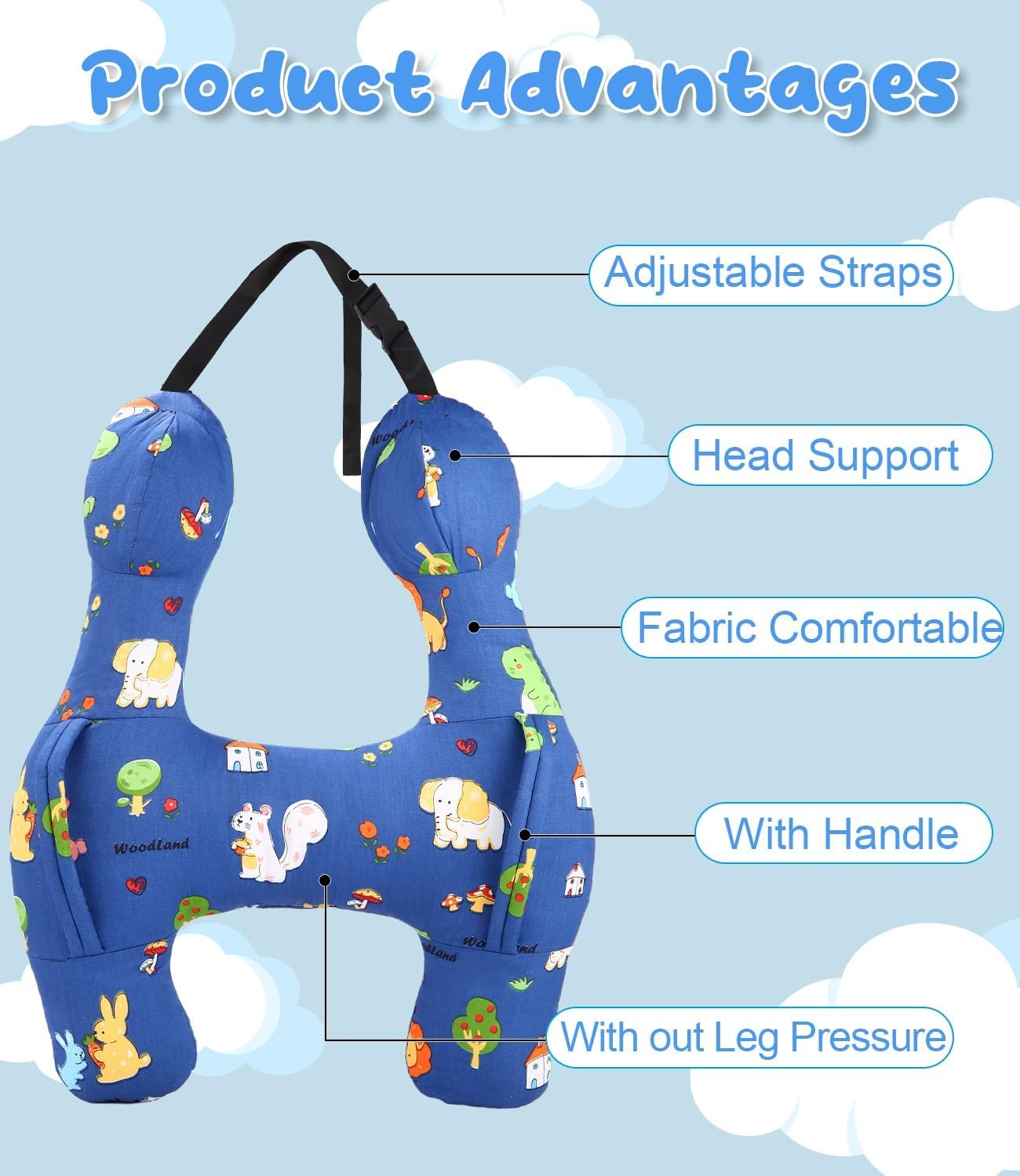 Cuscino da Viaggio, Cuscino auto portatile per Bambini, Cuscino Cervicale da Viaggio, Poggiatesta per auto a forma di H ultra morbido con maniglie per Viaggi di Vacanza per Bambini(Blu)
