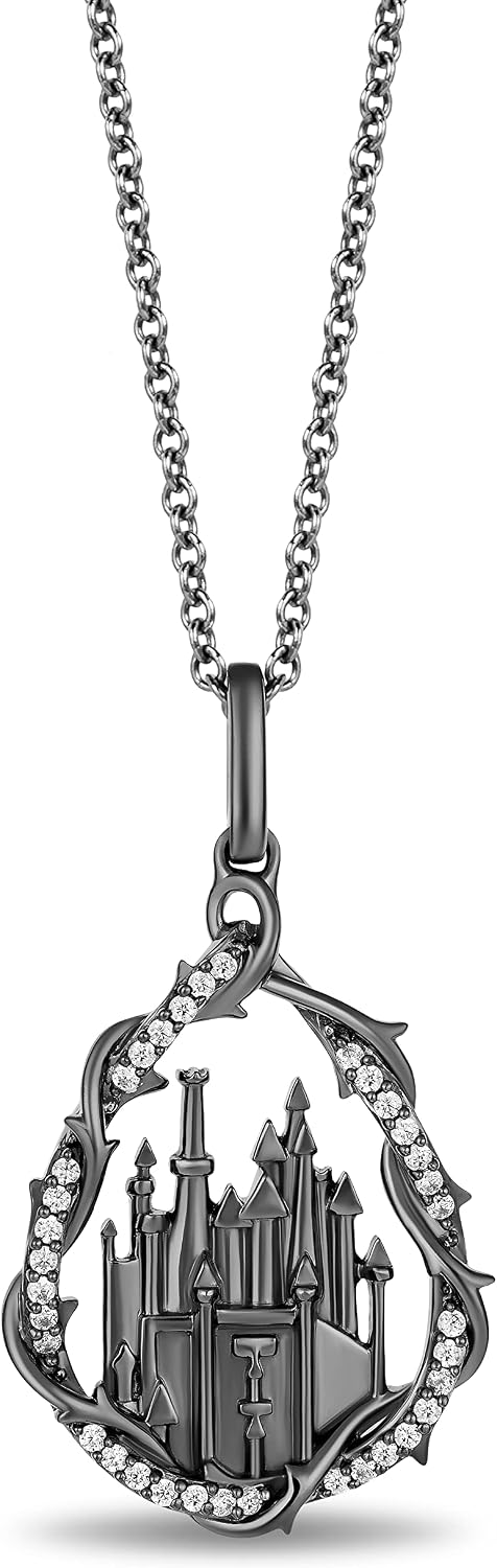 Jewelili Enchanted Disney Fine Jewelry Black Rhodium over Sterling Silver with 1/10 CTTW White Diamond Maleficent Castle Pendant Necklace