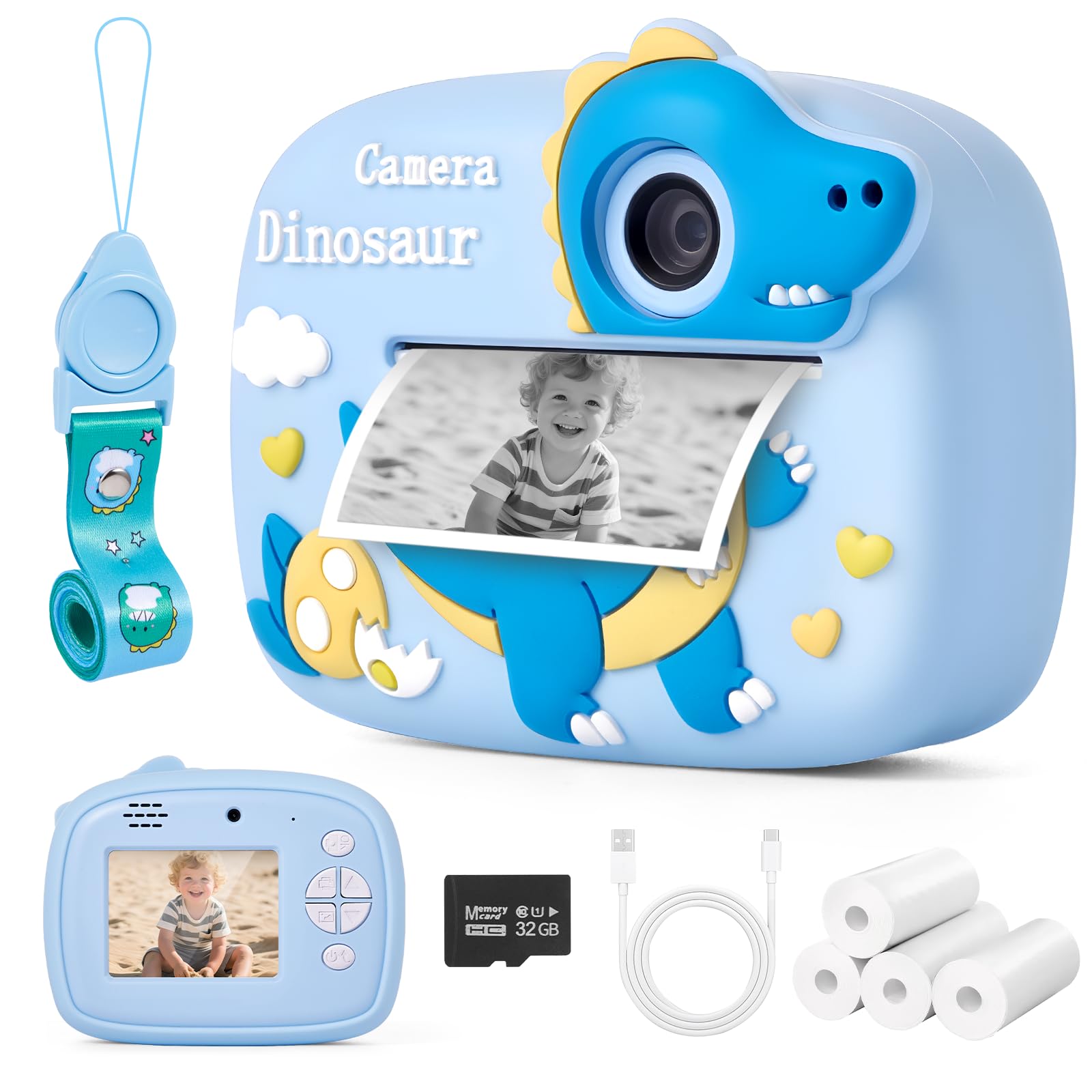 Instant Children's Photo Camera, 48MP 1080P Instant Camera for Children with 32G Card and 4 Rolls Printer, Instant Photography Machine Toy Gift for Children from 3 to 12 Years Old