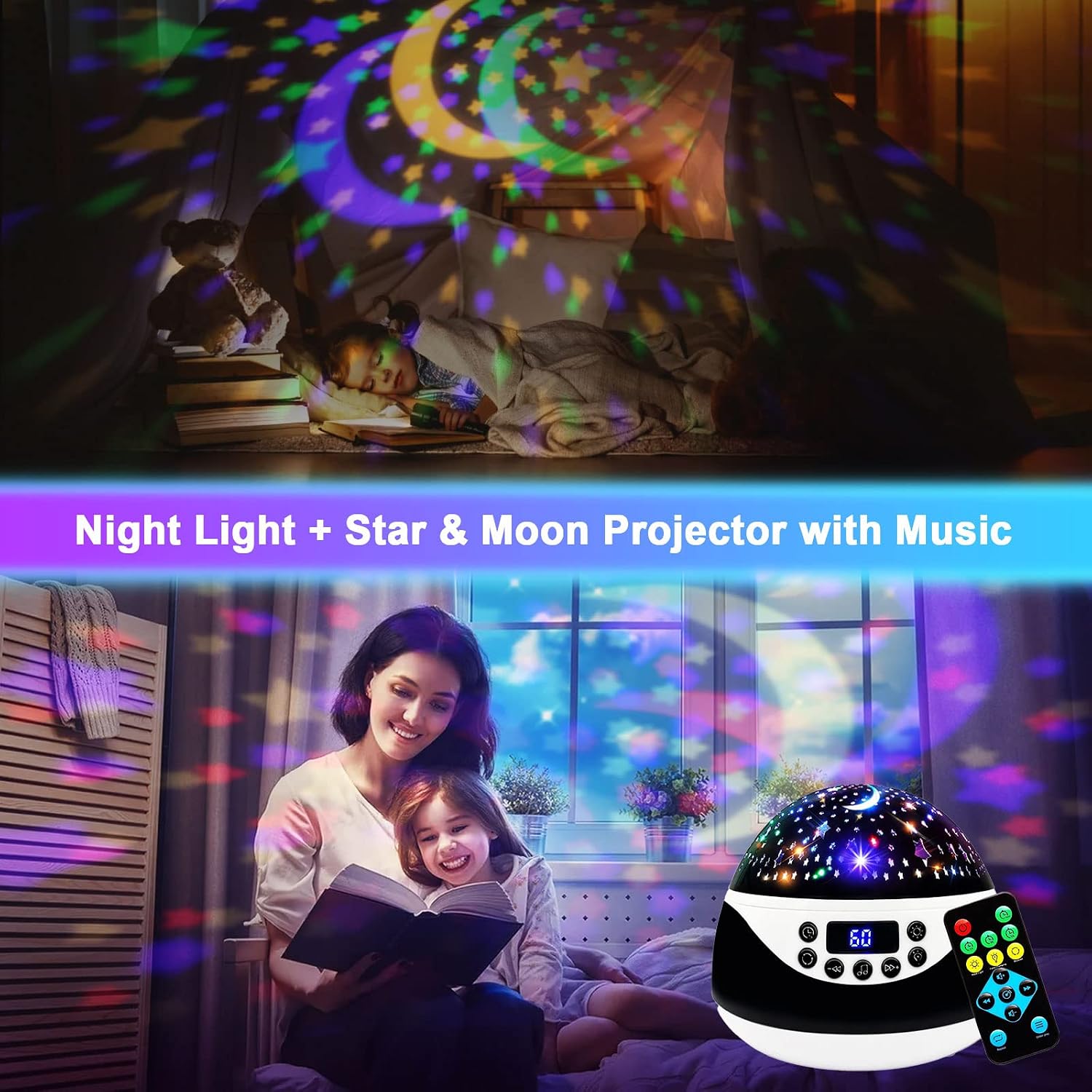 Baby Night Light Projector Bedroom，Kids Night Light Projector with Music,Remote Control&Timer,Star Projector Night Light,360°Rotating Light Projector,Sleep Helper &Birthday Gift for Girls Boys-Black