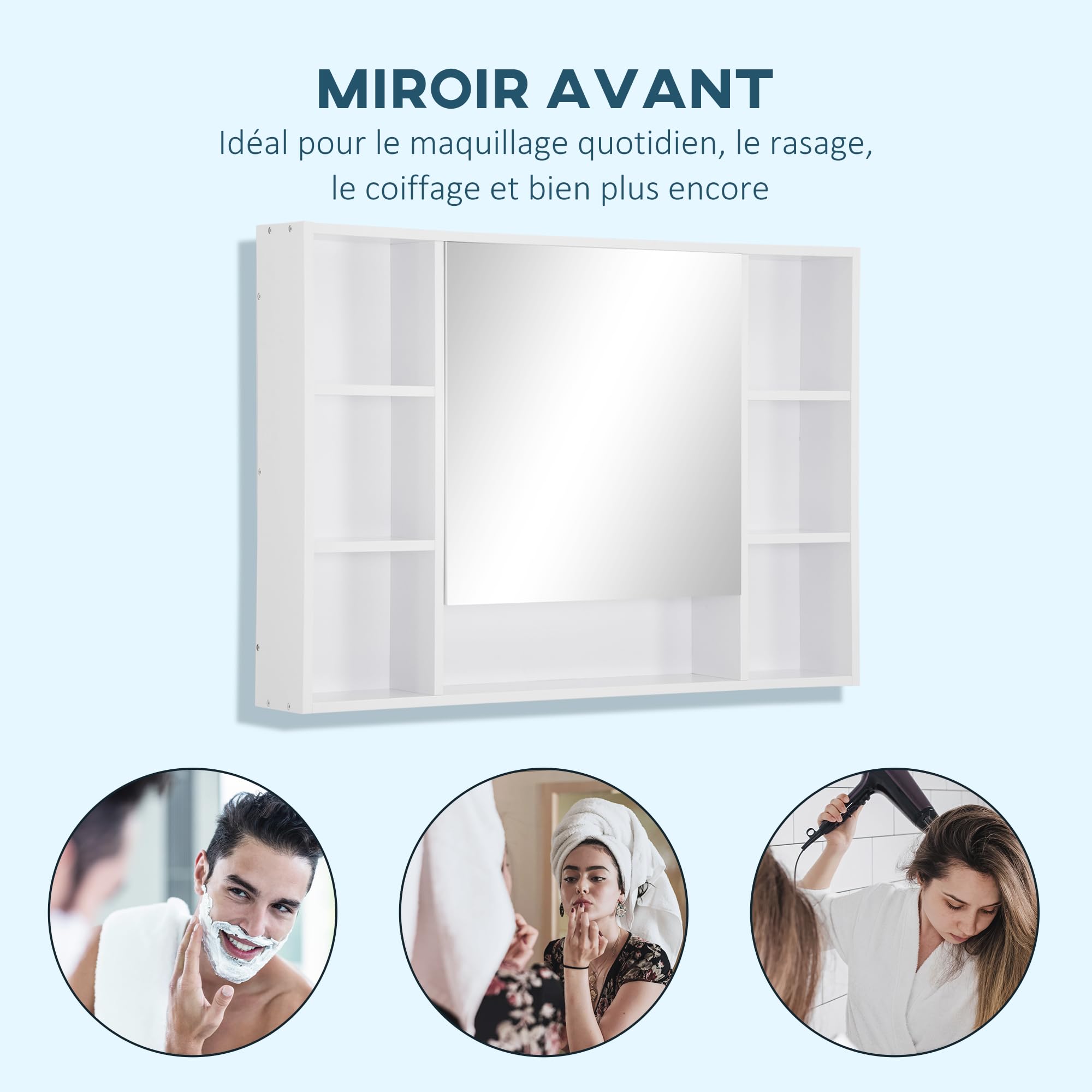 kleankin Armoire Murale Salle de Bain avec Miroir, 100 x 15 x 70 cm, Meuble Salle de Bain, Armoire de Toilette avec 7 étagères Ouvertes et Placard, Porte Ouverture et Fermeture lentes, Blanc