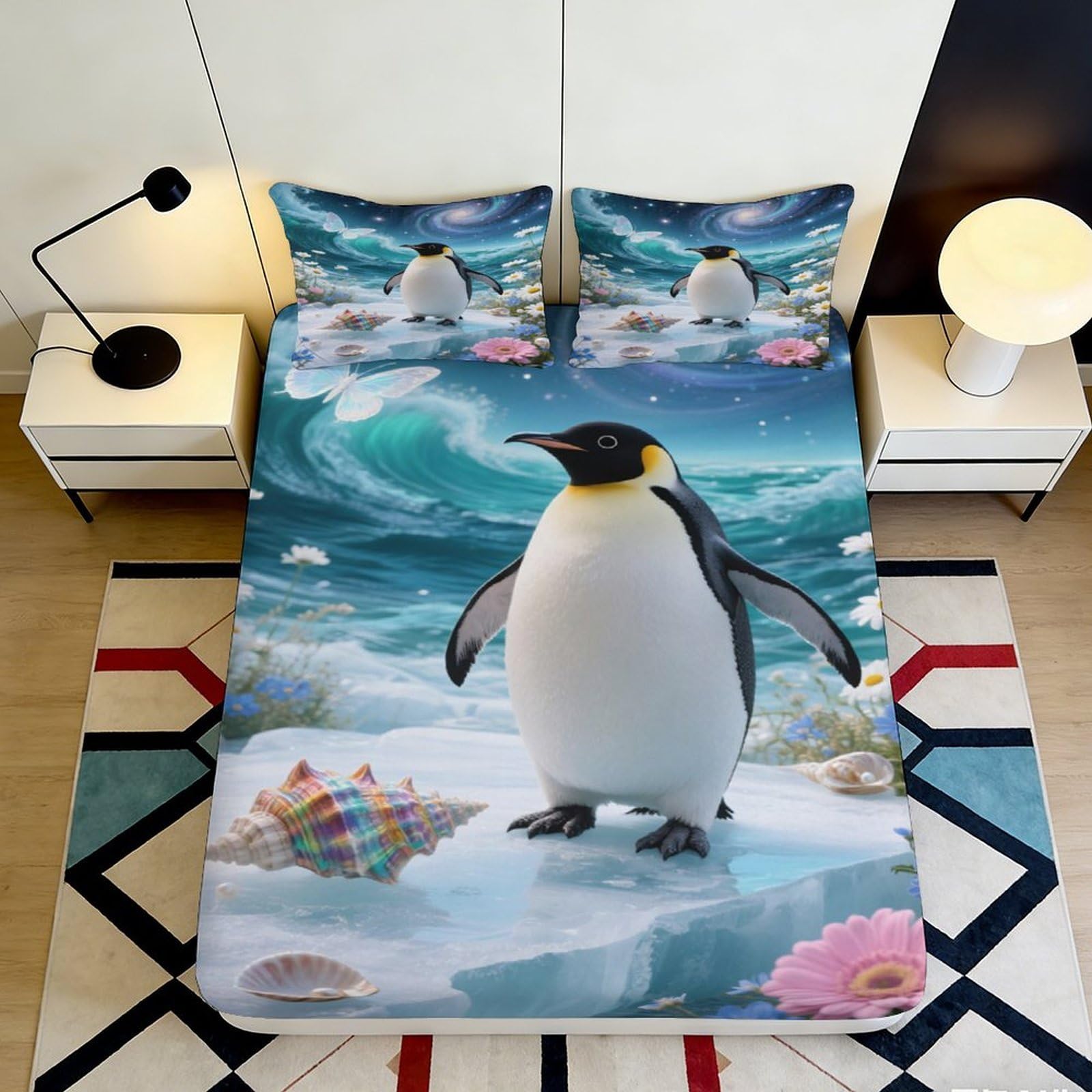 3D Printed Ocean Penguin Fitted Sheet Microfiber Soft Decorative Sea Wave Bed Cover for Bedroom Guest Room Dorm 90x200x25cm