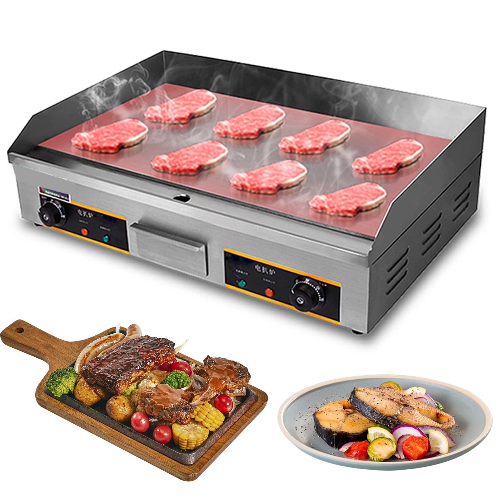 Plancha Eléctrica Profesional 73X40cm con Cepillos Y Palas Eléctrico para Cocina Parrilla Barbacoa Acero Inoxidable Temperatura 50-300 °C, 4400W, con Bandeja Recoge Grasa, Antisalpicaduras
