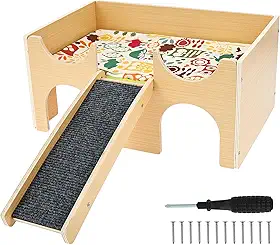 Casa de madeira de porquinho da índia com escadas, esconderijo de porquinho da índia com rampa e cama de pelúcia, habitat de casa de animais pequenos para ratos, hamster, ouriço se esconder e brincar
